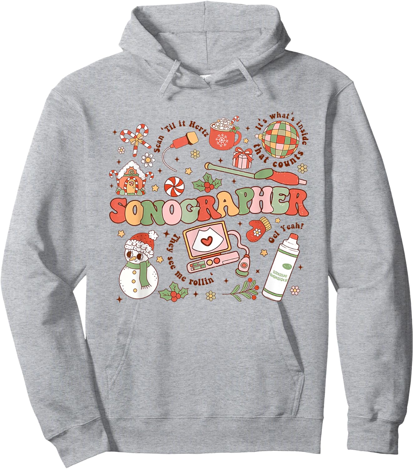 Women Retro Christmas Sonographer Ultrasound Technologist Hoodie - Hoodie | Ash