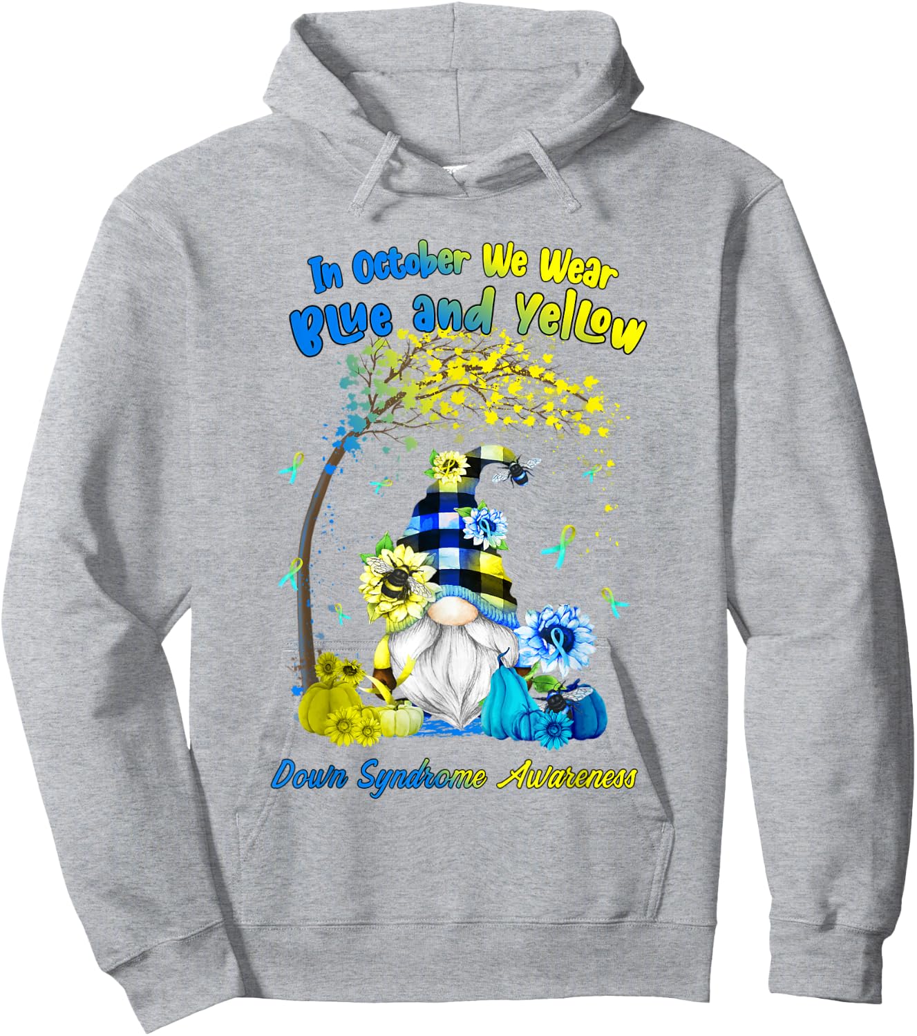 In October We Wear Blue Yellow Down Syndrome Awareness Gnome Hoodie - Hoodie | Ash