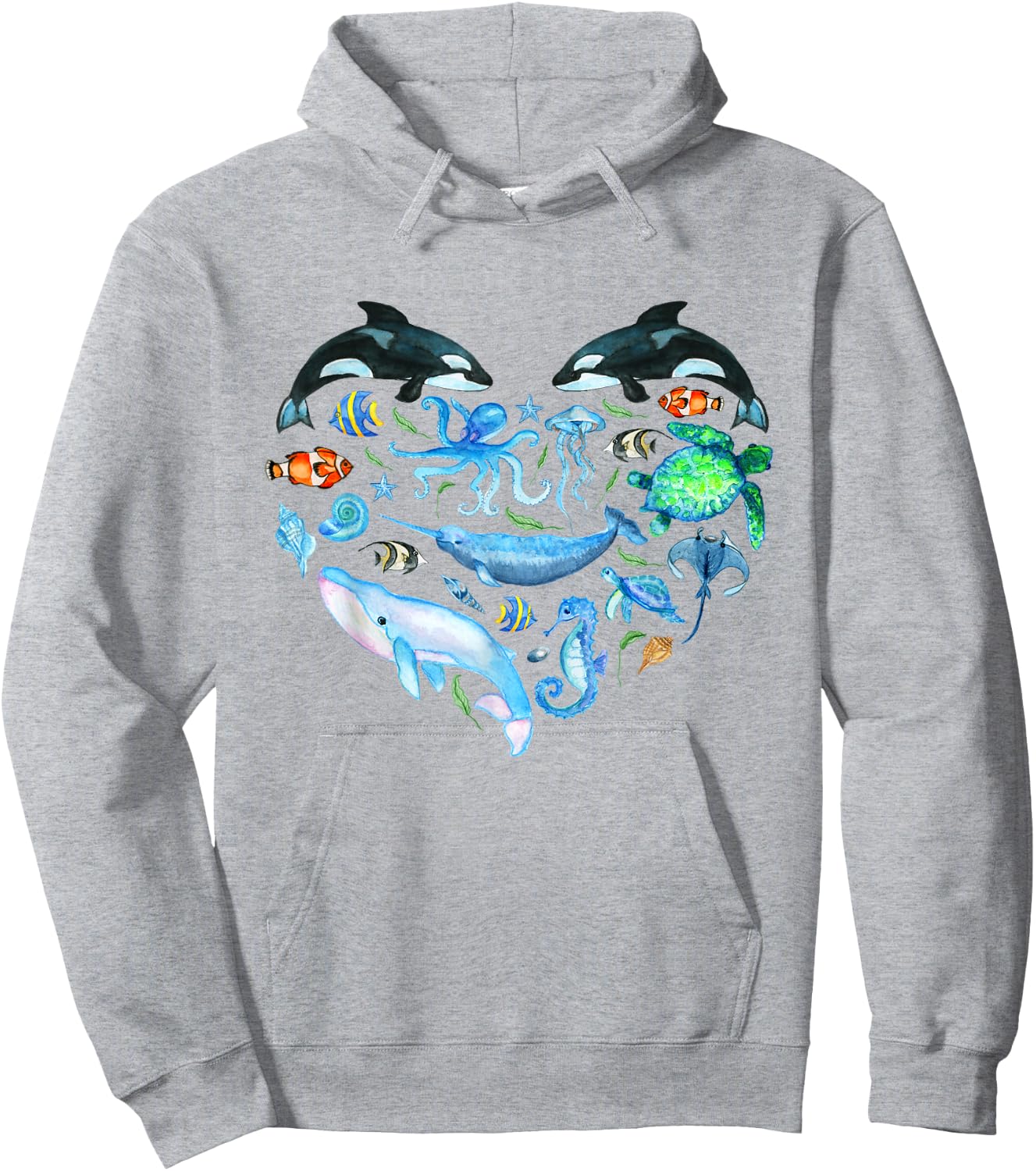Watercolor Sea Animals Kids Ocean Wildlife Marine Creatures Hoodie - Hoodie | Ash