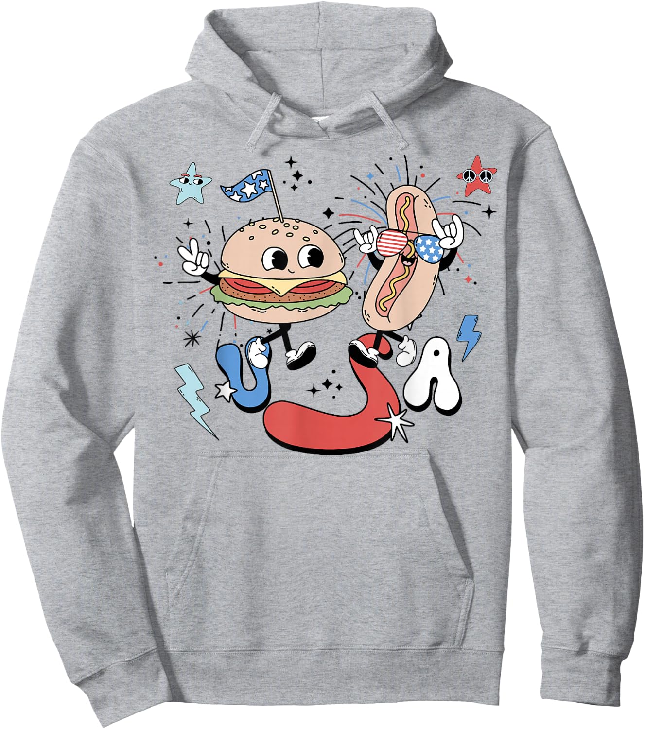 Retro USA Groovy 4th Of July Funny Hot Dog Hamburger US Flag Hoodie - Hoodie | Ash
