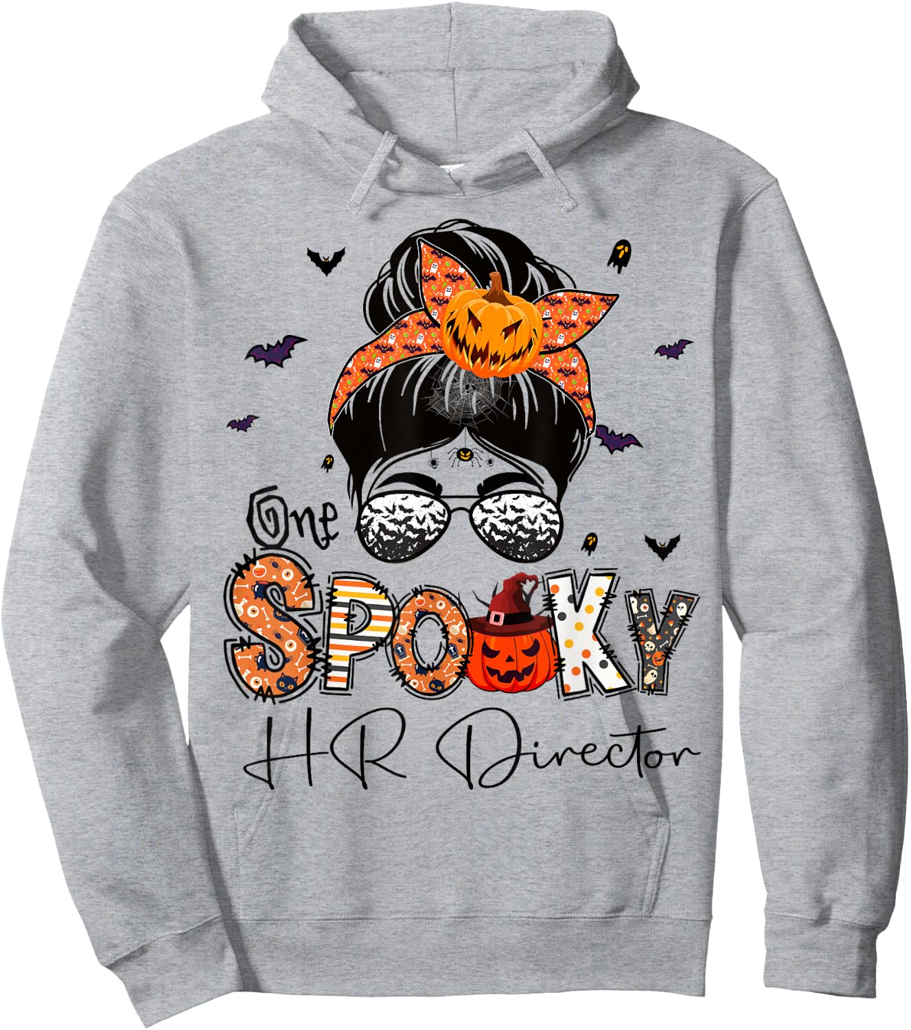 One Spooky HR Director Messy Bun Women Pumpkin Halloween Hoodie - Hoodie | Ash