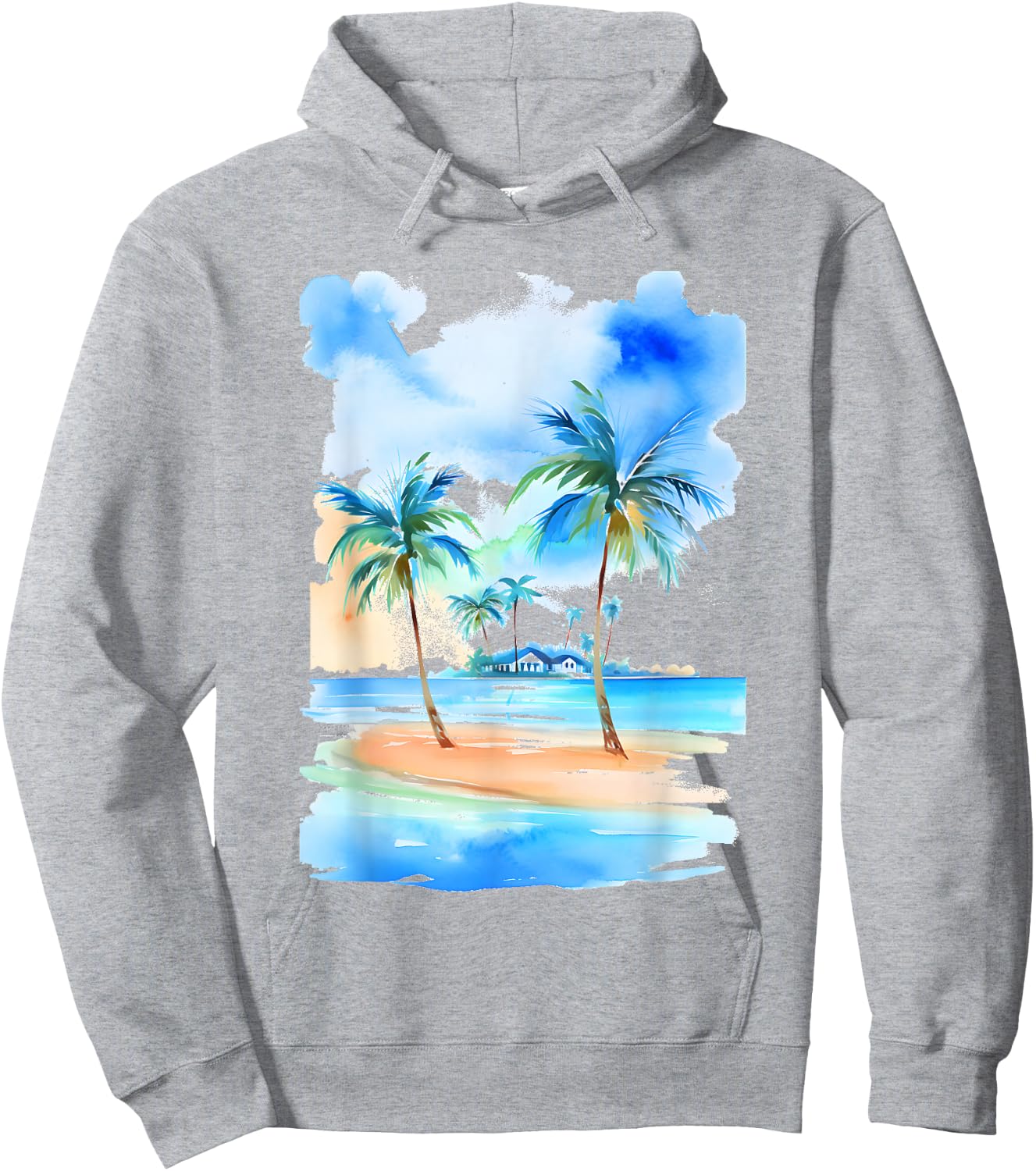 Palm Trees Tropical Beach Watercolor-Style Seascape Hoodie - Hoodie | Ash