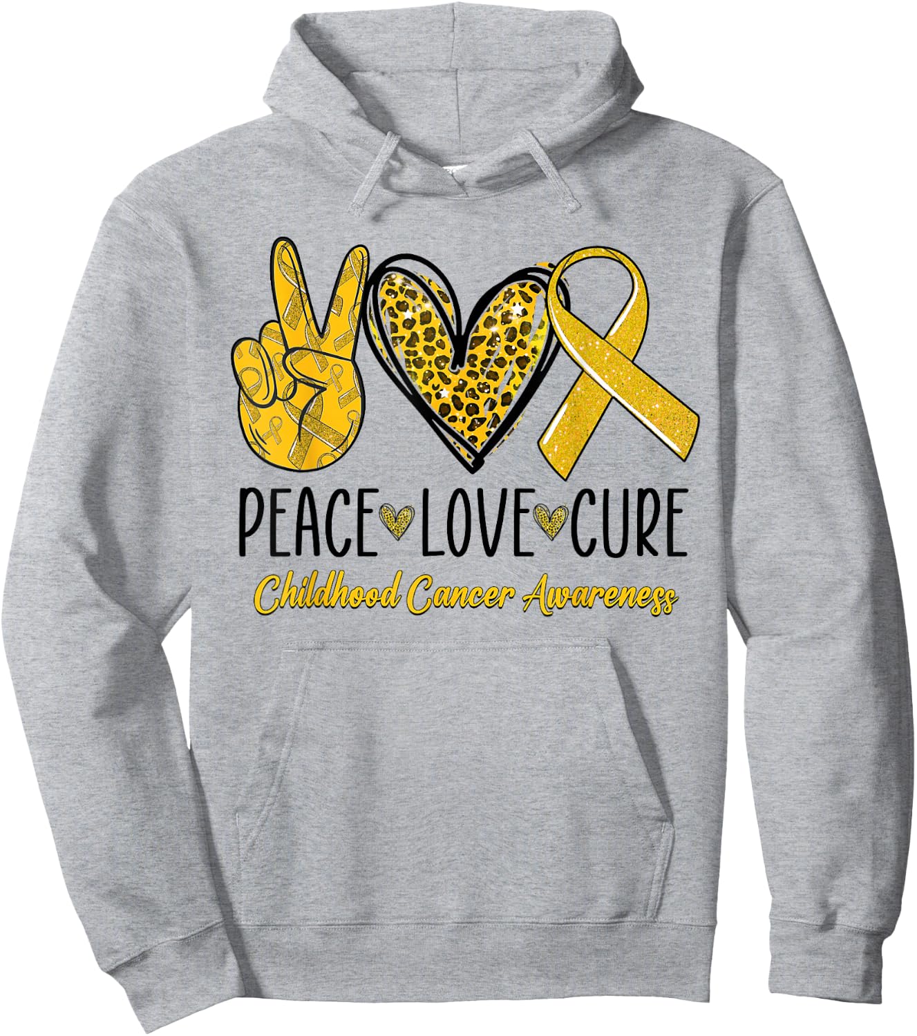 Peace Love Cure Childhood Cancer Awareness Gold Ribbon Hoodie - Hoodie | Ash