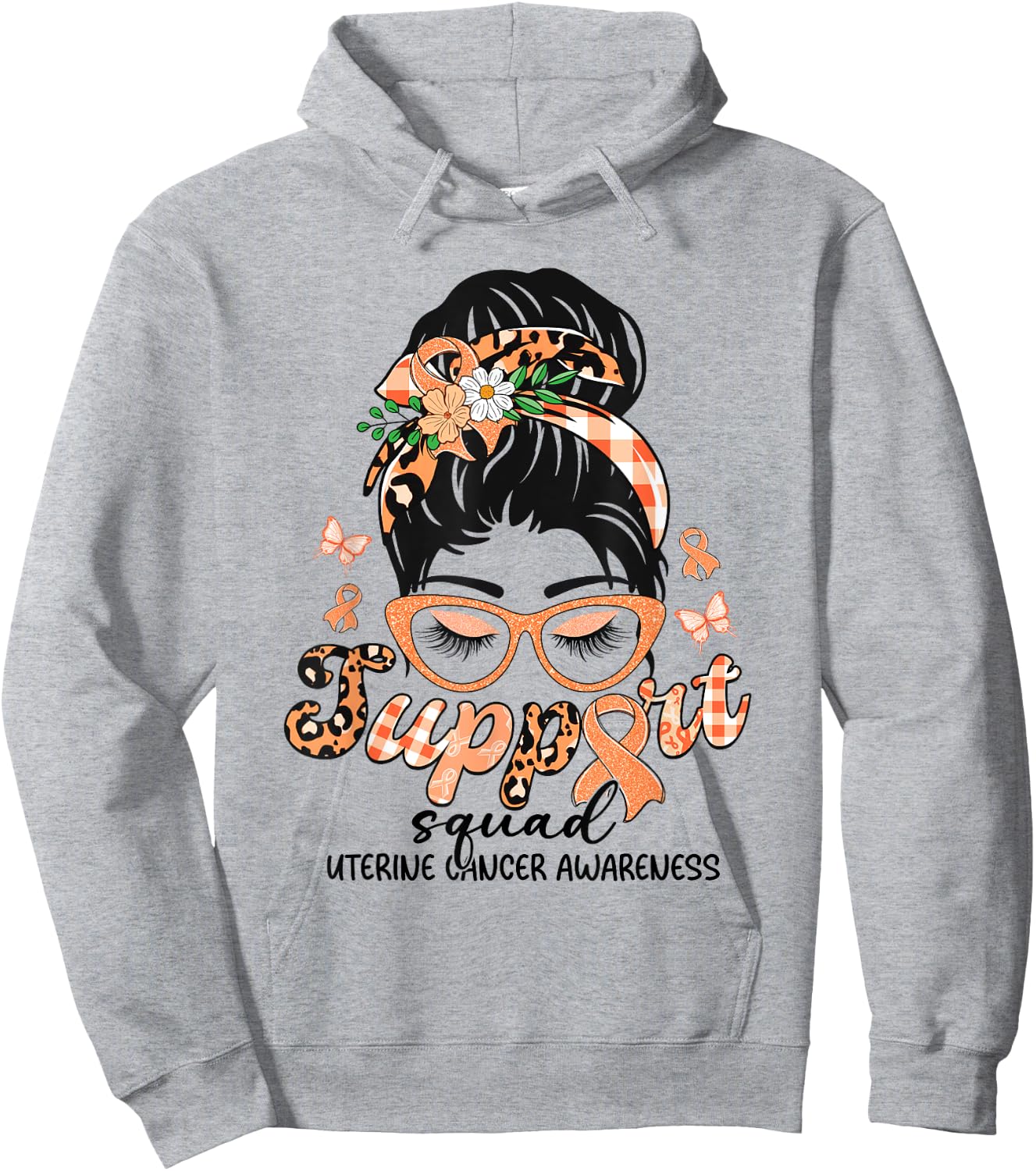 Support Squad Messy Bun Leopard Uterine Cancer Awareness Hoodie - Hoodie | Ash