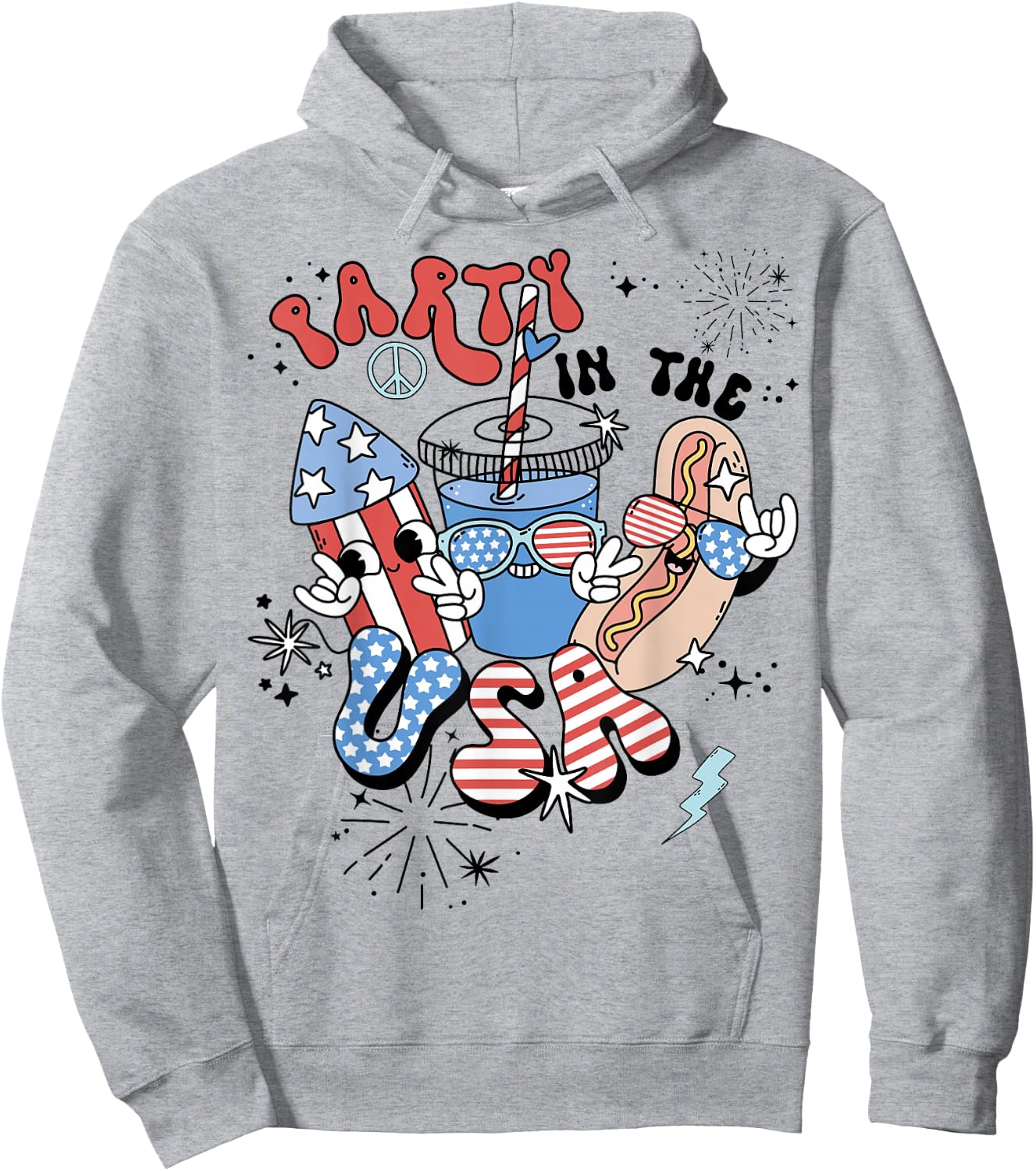 Retro Party in The USA Flag Groovy 4th of July Patriotic Hoodie - Hoodie | Ash