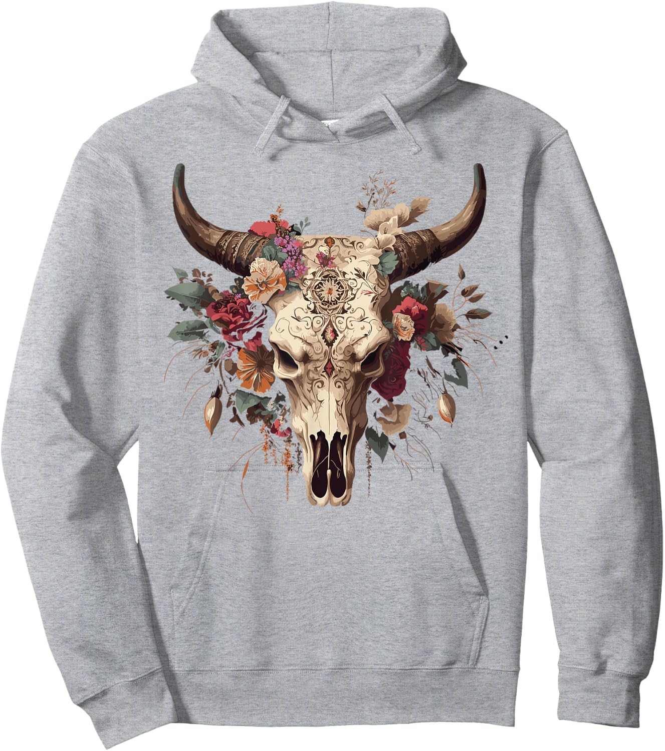 Highland Western Boho Cow Bull Skull Sunflower Cattle Animal Hoodie - Hoodie | Ash