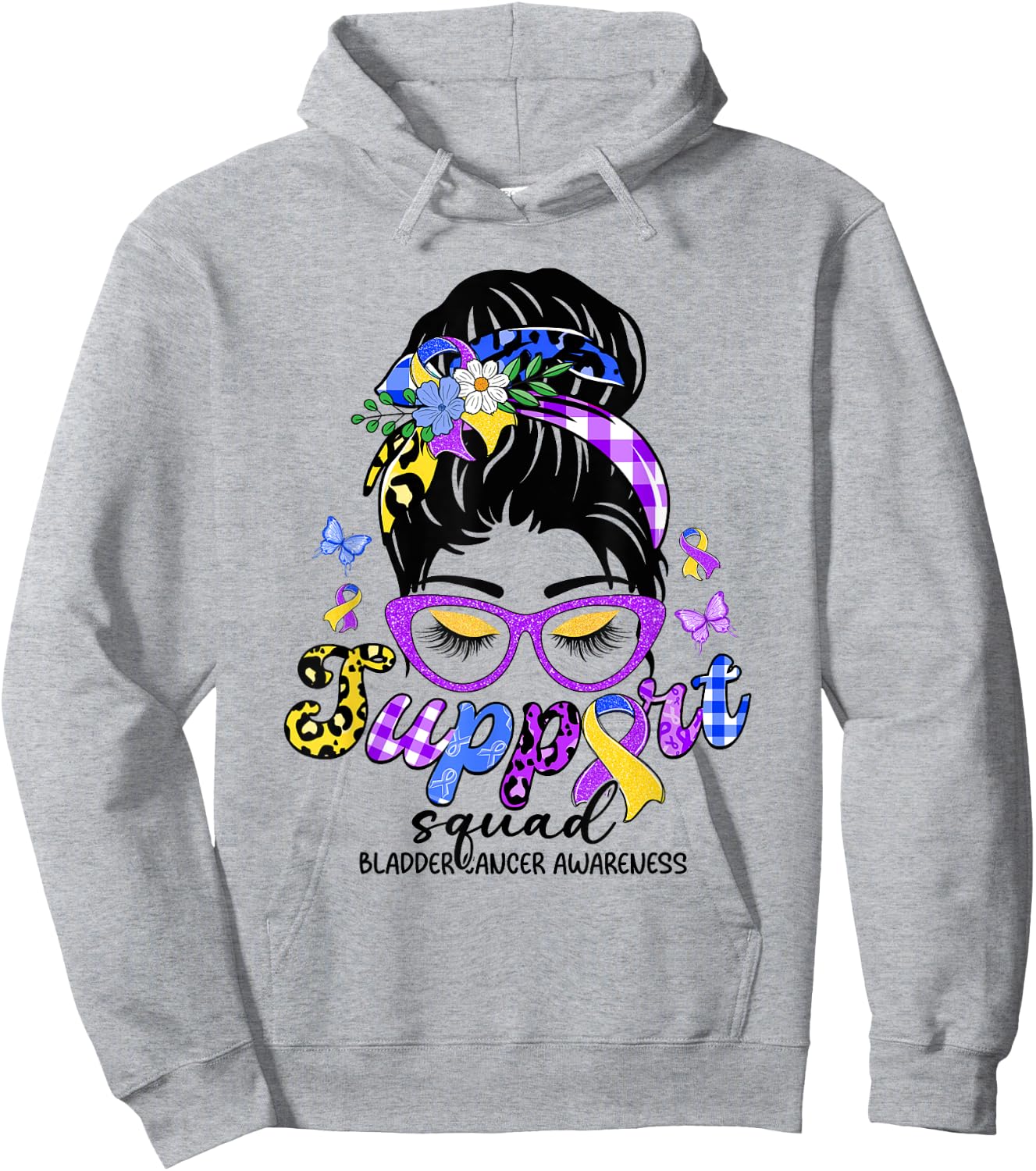 Support Squad Messy Bun Leopard Bladder Cancer Awareness Hoodie - Hoodie | Ash