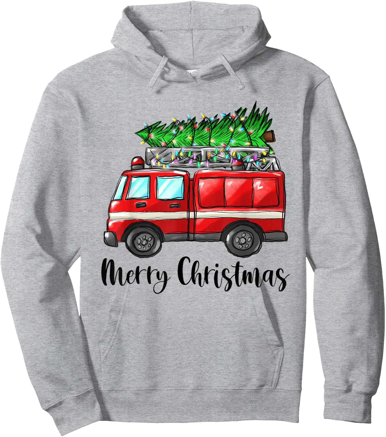Fire Truck Christmas Tree Light Firefighter Pajama Xmas Hoodie - Hoodie | Ash