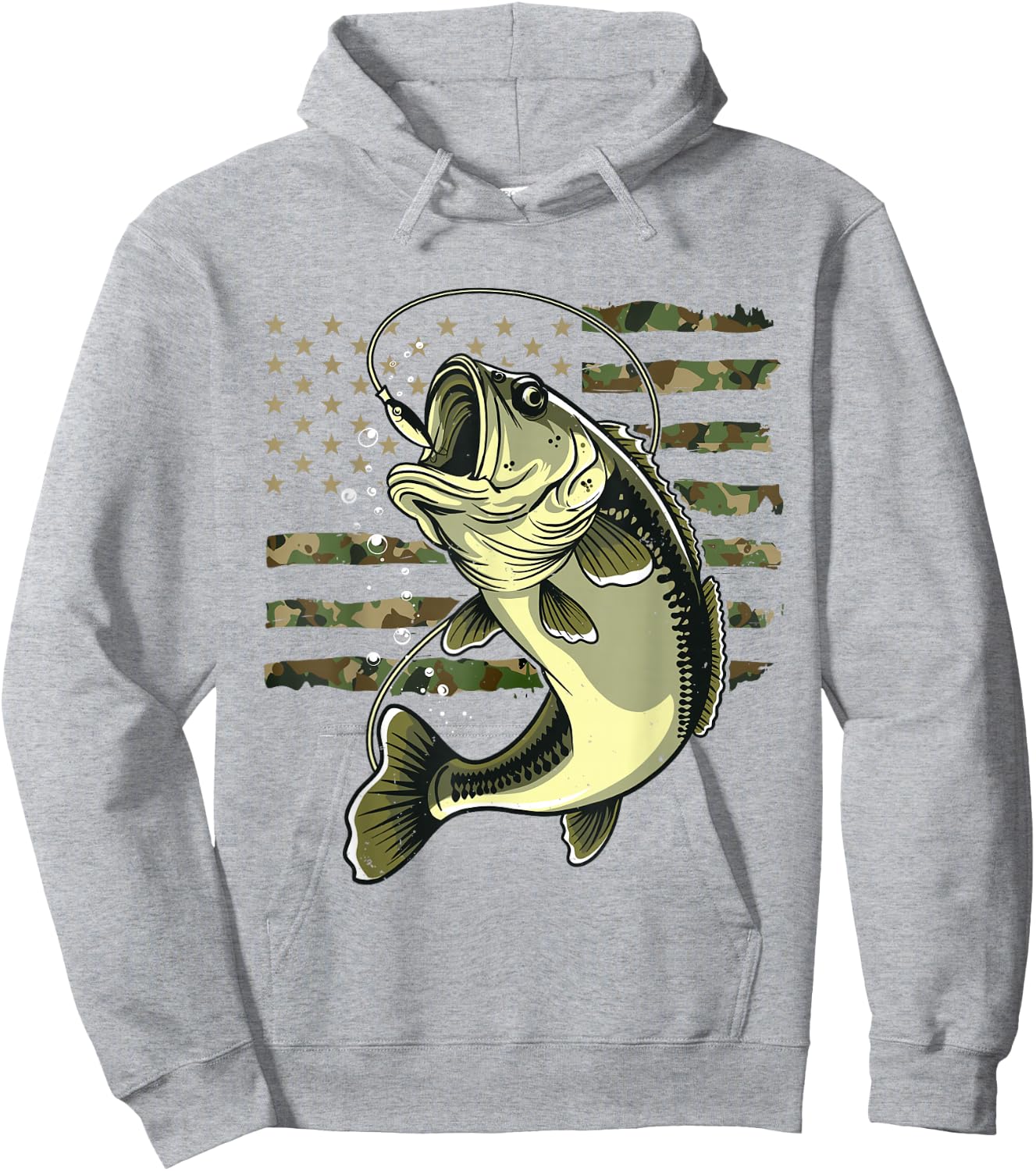 Bass Fish Fishing USA American Flag Camouflage Fisherman Hoodie - Hoodie | Ash
