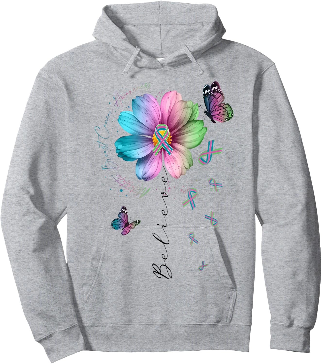 Believe Green Teal Pink Ribbon Cosmos Flower Butterfly MBC Hoodie - Hoodie | Ash