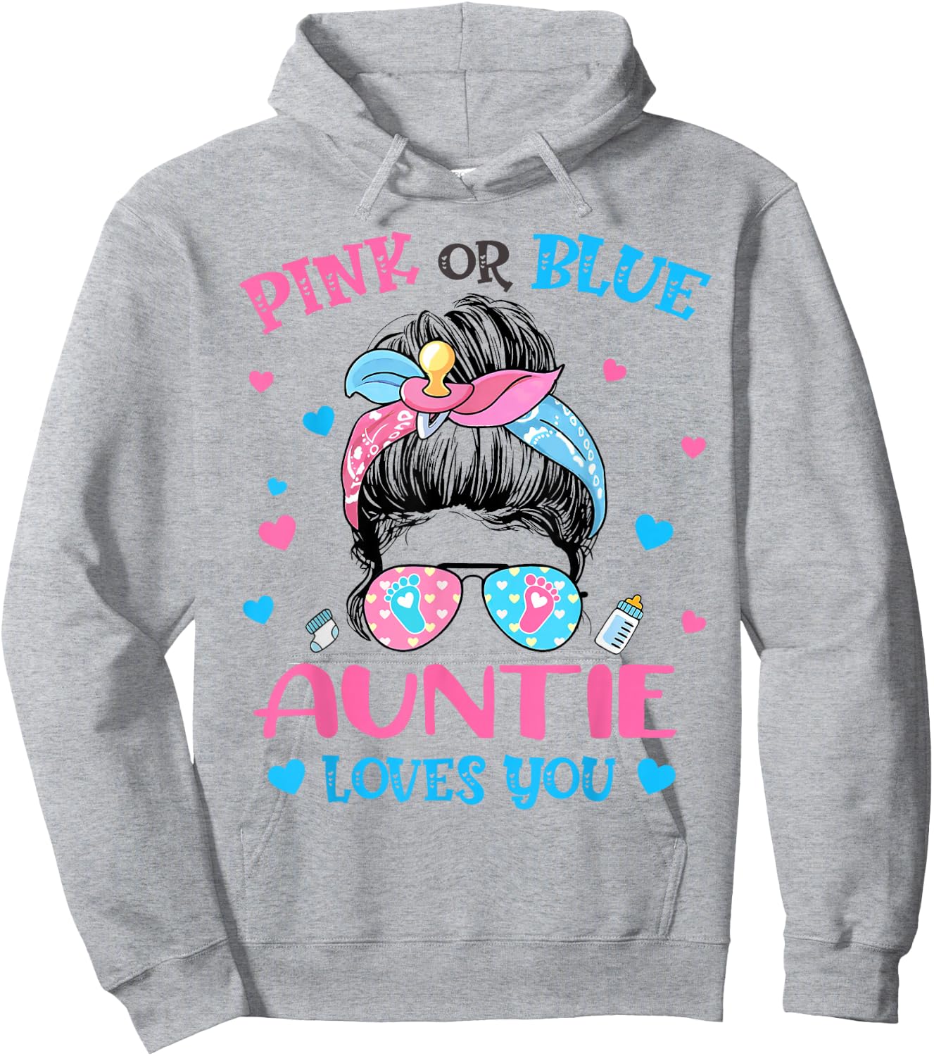 Pink or Blue Auntie Loves You Gender Reveal Messy Bun Hoodie - Hoodie | Ash