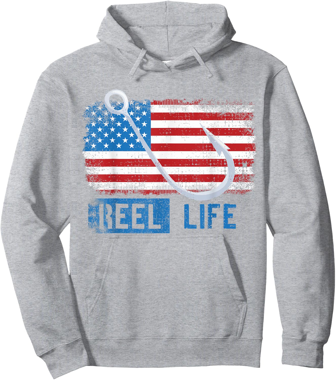 Grunge American Flag Fisherman Graphic, Fishing Reel Life Hoodie - Hoodie | Ash