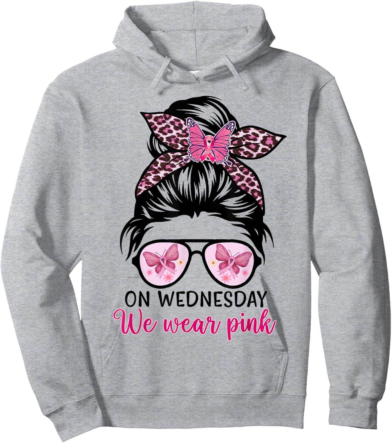 On Wednesday We Wear Pink Messy Bun, Leopard Breast Cancer Hoodie - Hoodie | Ash