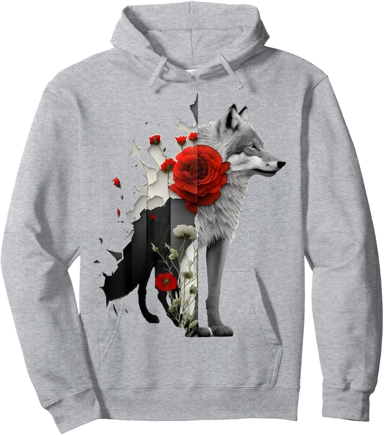 Wolf Rose Flower Animal Motif Art Animal Print Art Hoodie - Hoodie | Ash