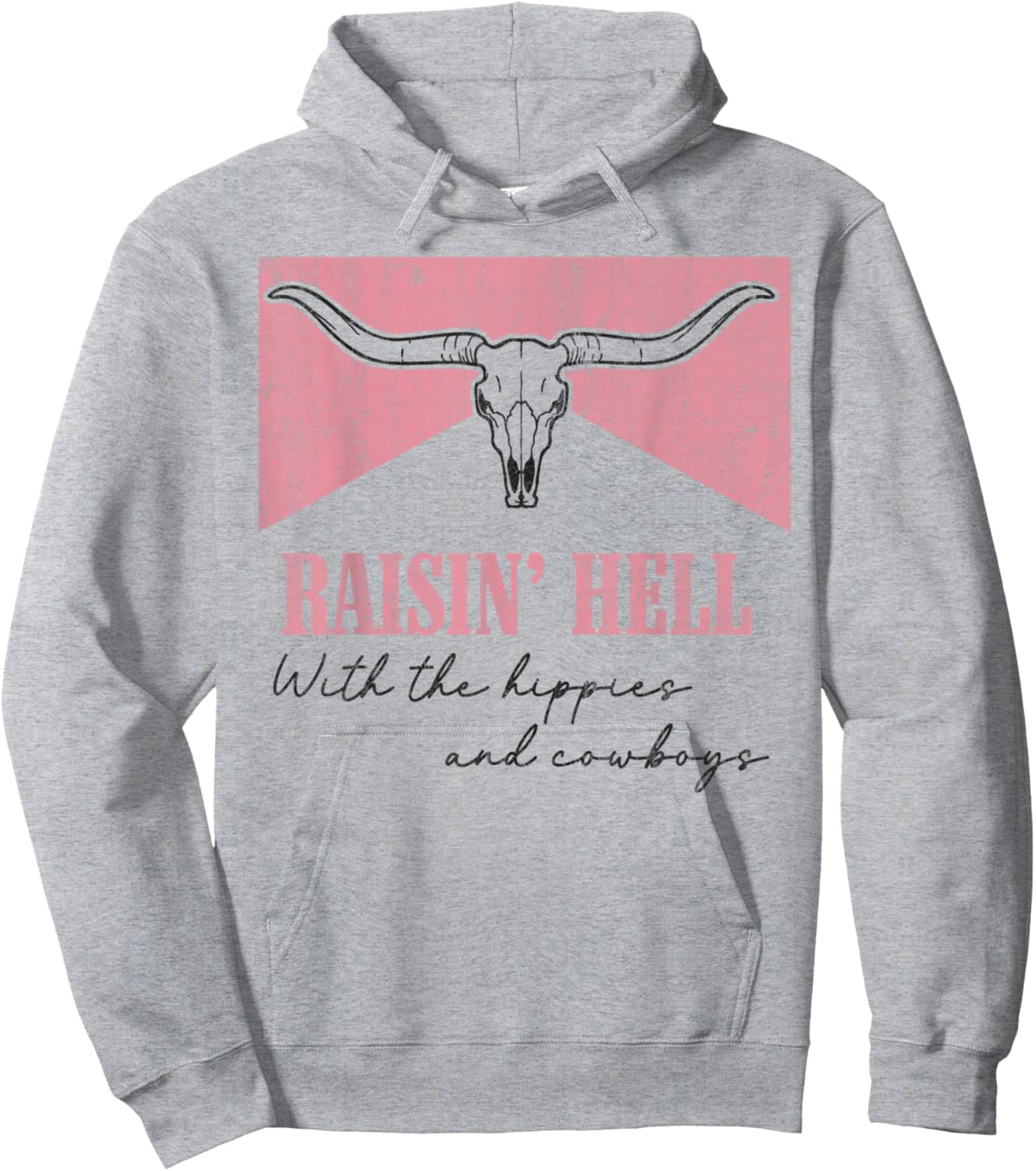 Vintage Raisin' Hell With The Hippies And Cowboys Bull Skull Hoodie - Hoodie | Ash