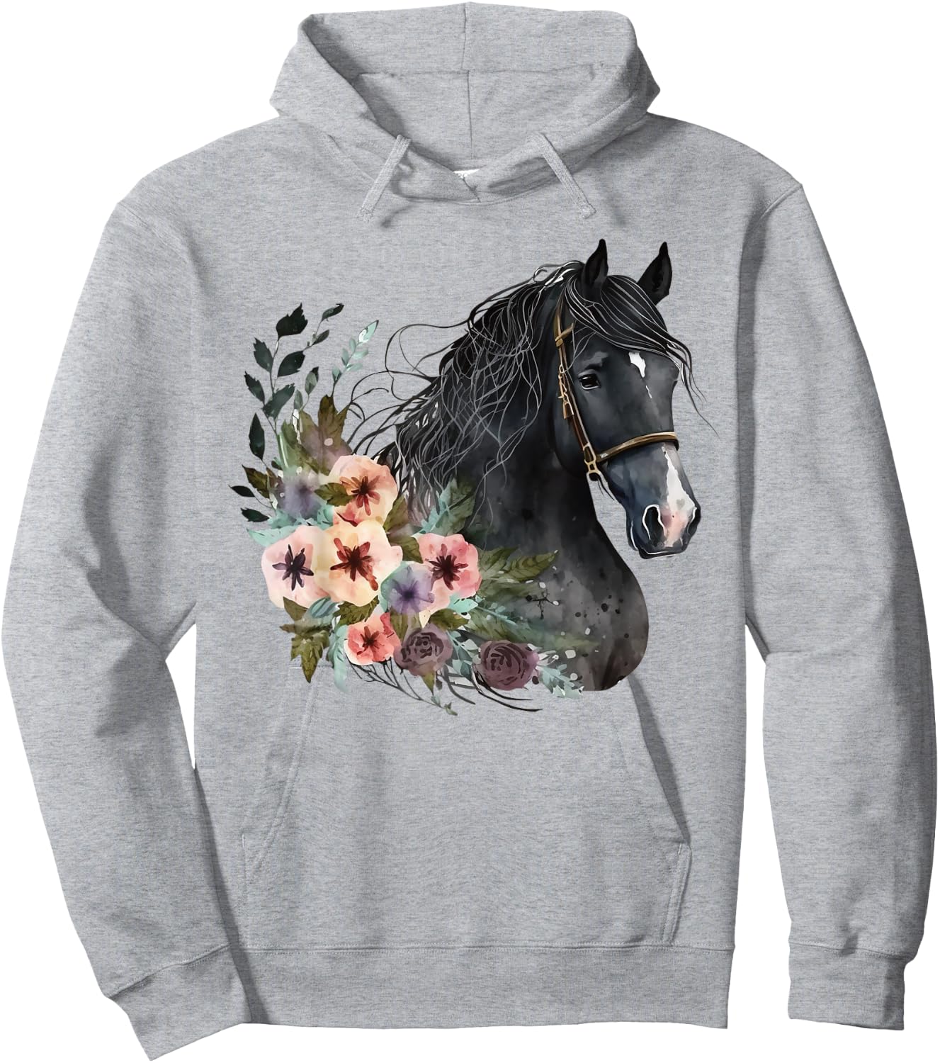 Horse Head Watercolor Equestrian Horse With Flowers Hoodie - Hoodie | Ash