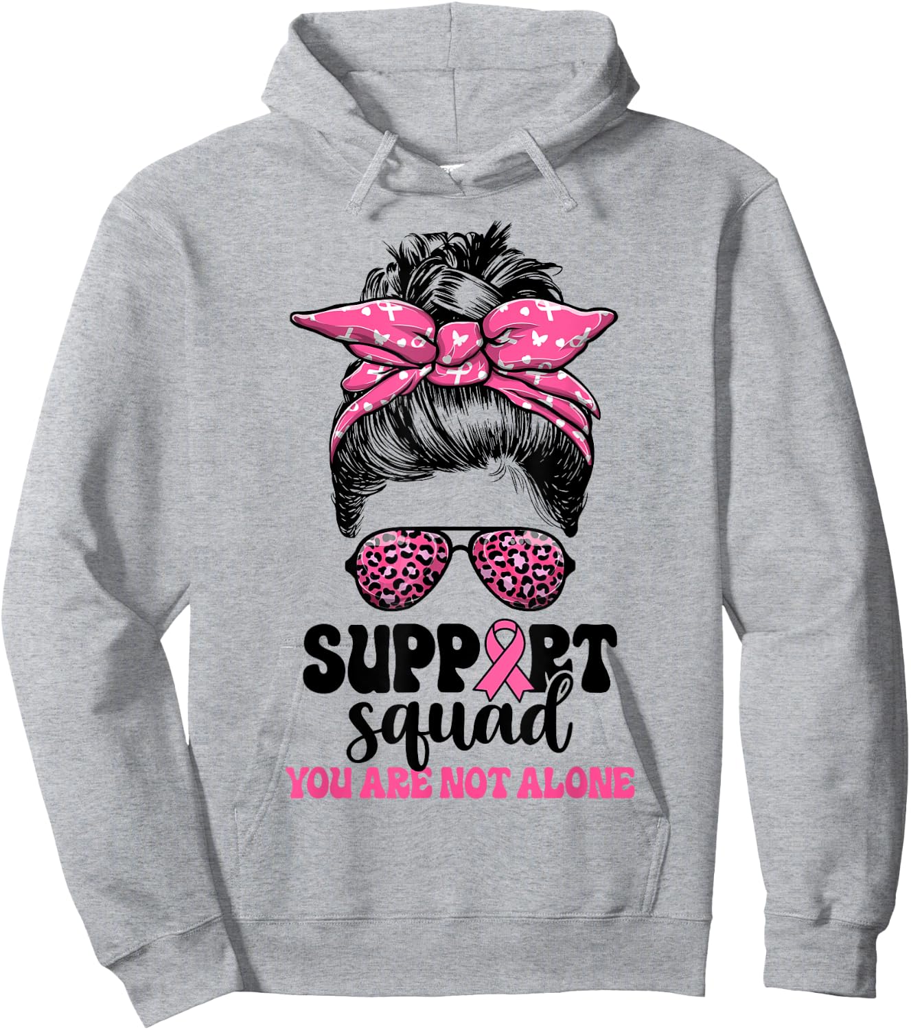 Support Squad Messy Bun Pink Warrior Breast Cancer Awareness Hoodie - Hoodie | Ash
