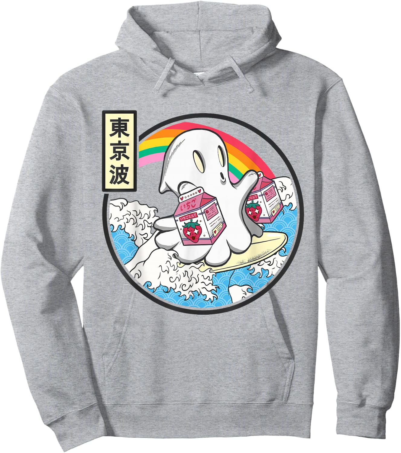 Ghost Strawberry Milk Great Waves Kawaii Aesthetic Hoodie - Hoodie | Ash