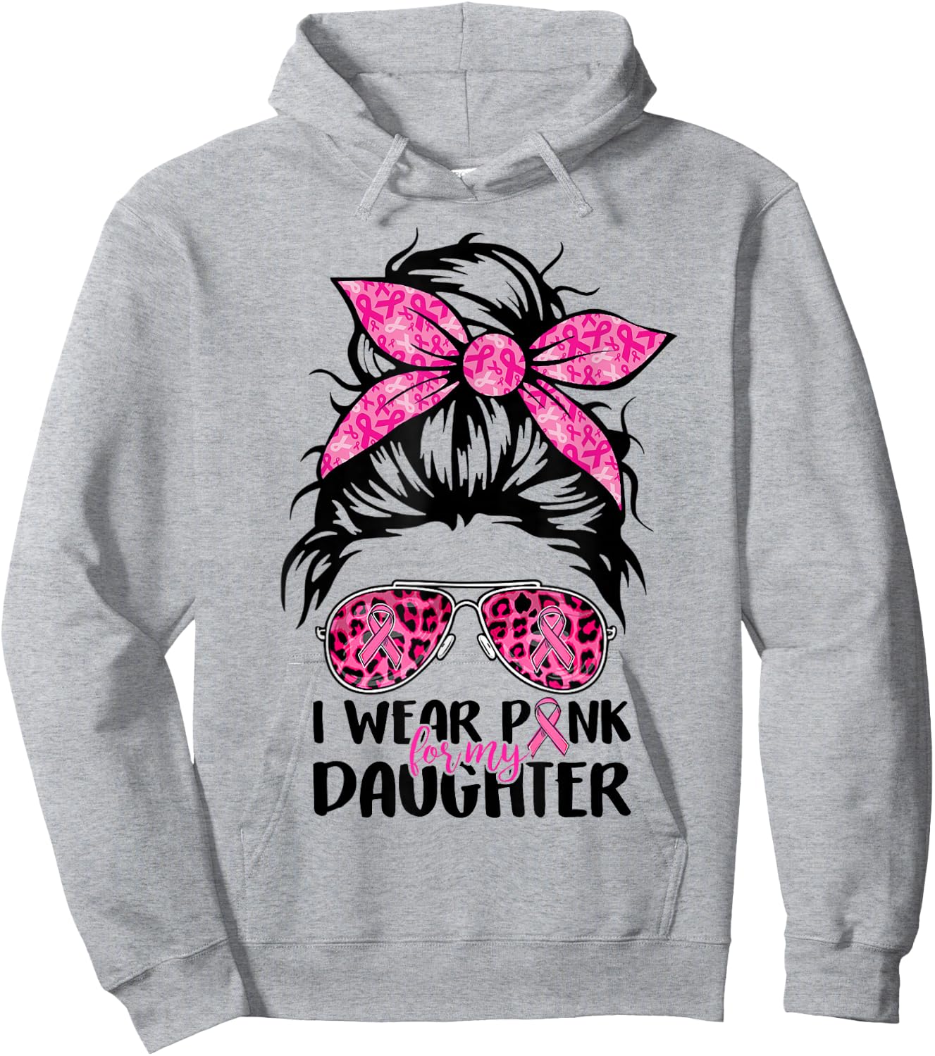 I Wear Pink For My Daughter Messy Bun Breast Cancer Support Hoodie - Hoodie | Ash