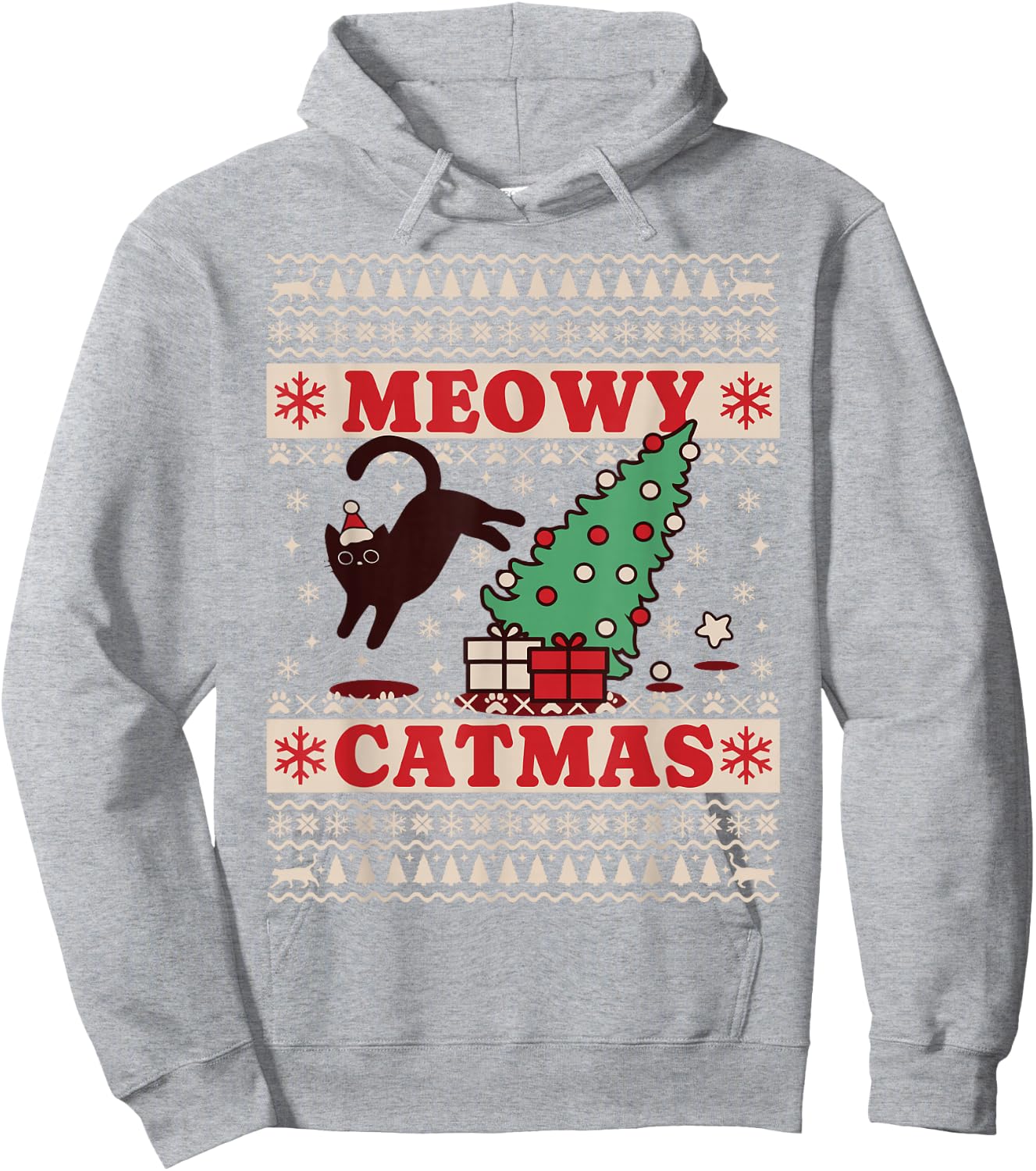 Meowy Catmas, Ugly Christmas Sweater, Cat Christmas Hoodie - Hoodie | Ash