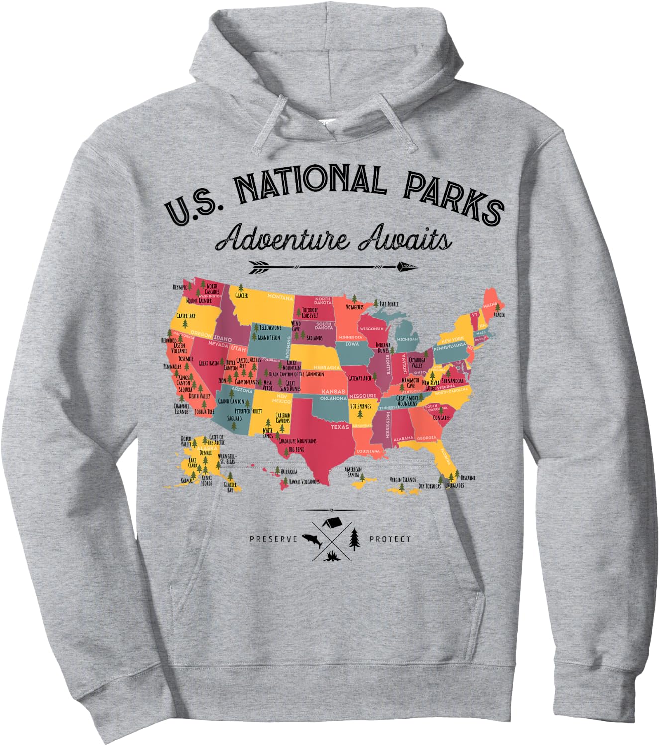63 National Parks Map US Park Retro Vintage Camping Hiking Hoodie - Hoodie | Ash