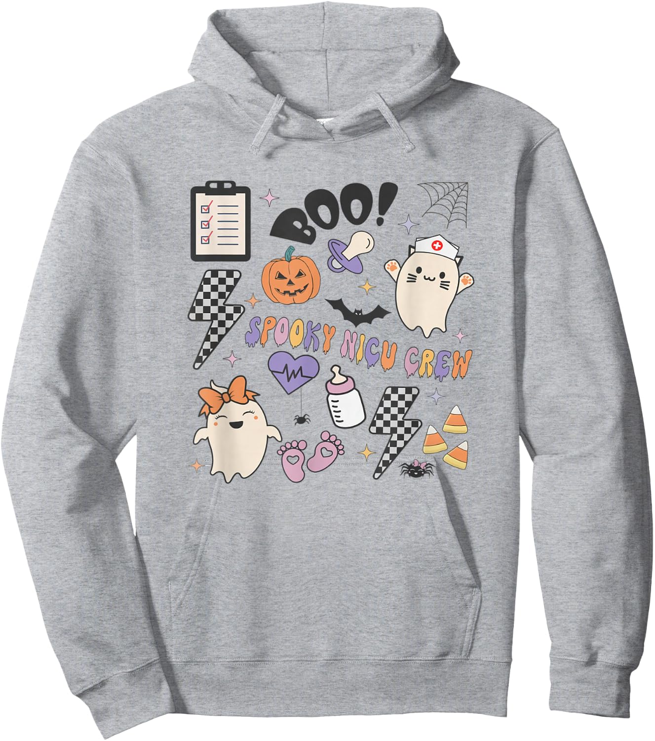 Retro Spooky NICU Nurse Halloween Cute Pumpkin Ghost Women Hoodie - Hoodie | Ash