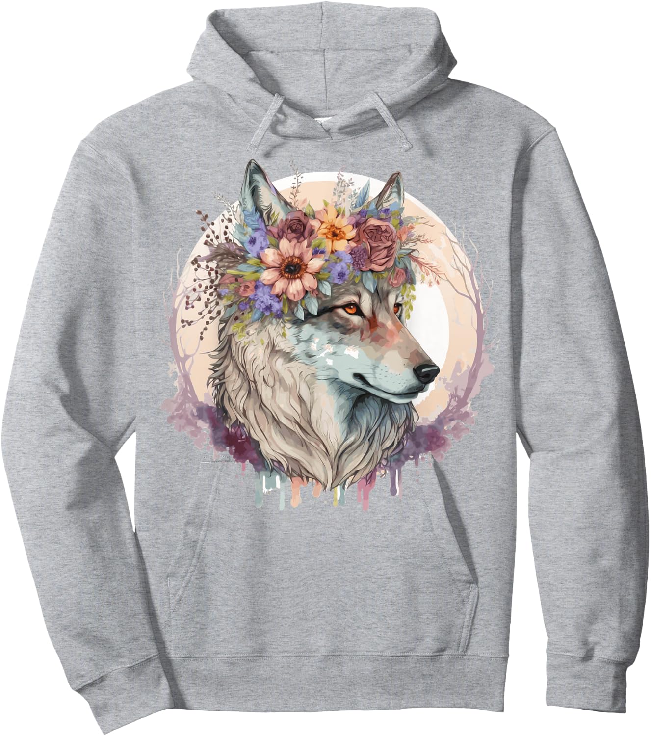 Cute Wolf Flower Crown Boho Aesthetic Animal Lovers Hoodie - Hoodie | Ash