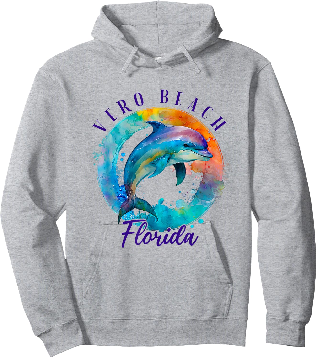 Vero Beach Florida Happy Watercolor Dolphin Hoodie - Hoodie | Ash