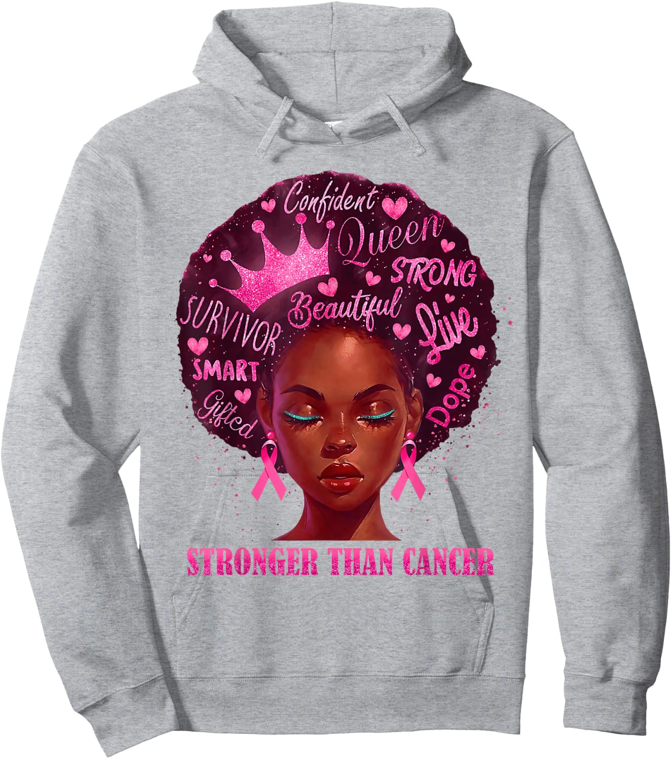 Black Women Queen Stronger Than Breast Cancer Pink Ribbon Hoodie - Hoodie | Ash