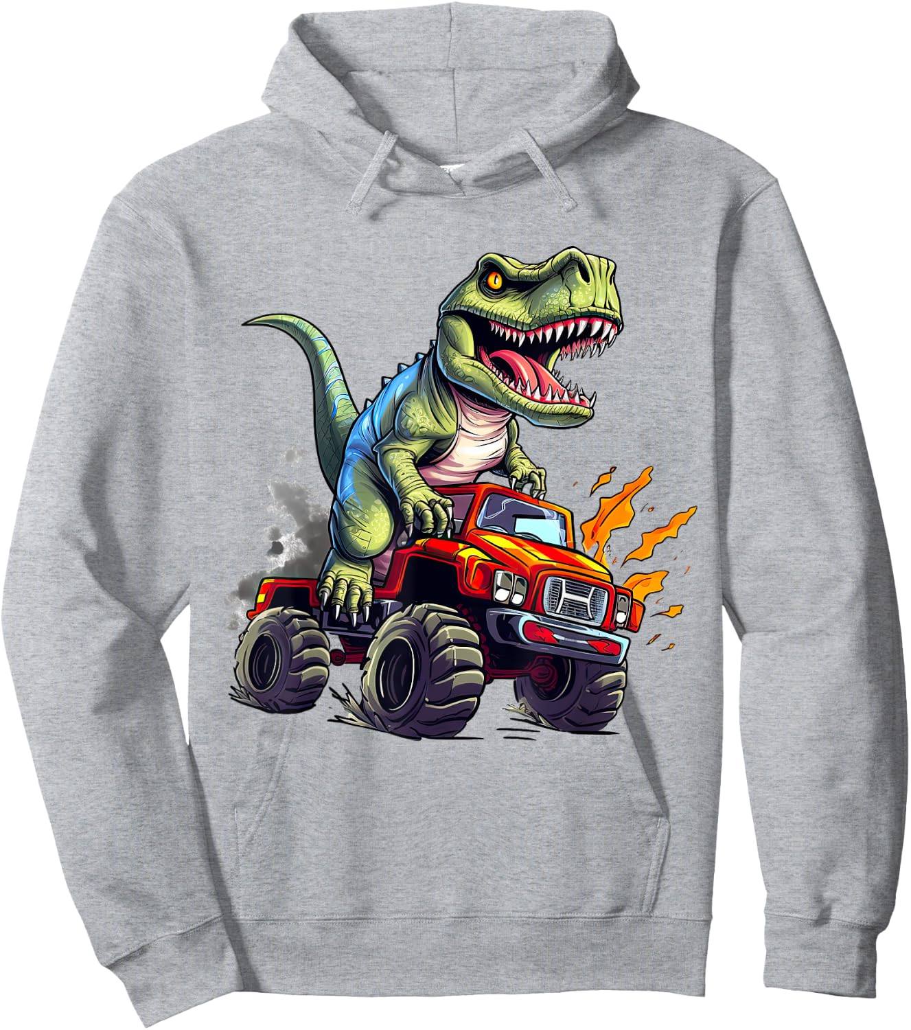 Dinosaur Riding Monster Truck Present For Boys Kids Adult Hoodie - Hoodie | Ash