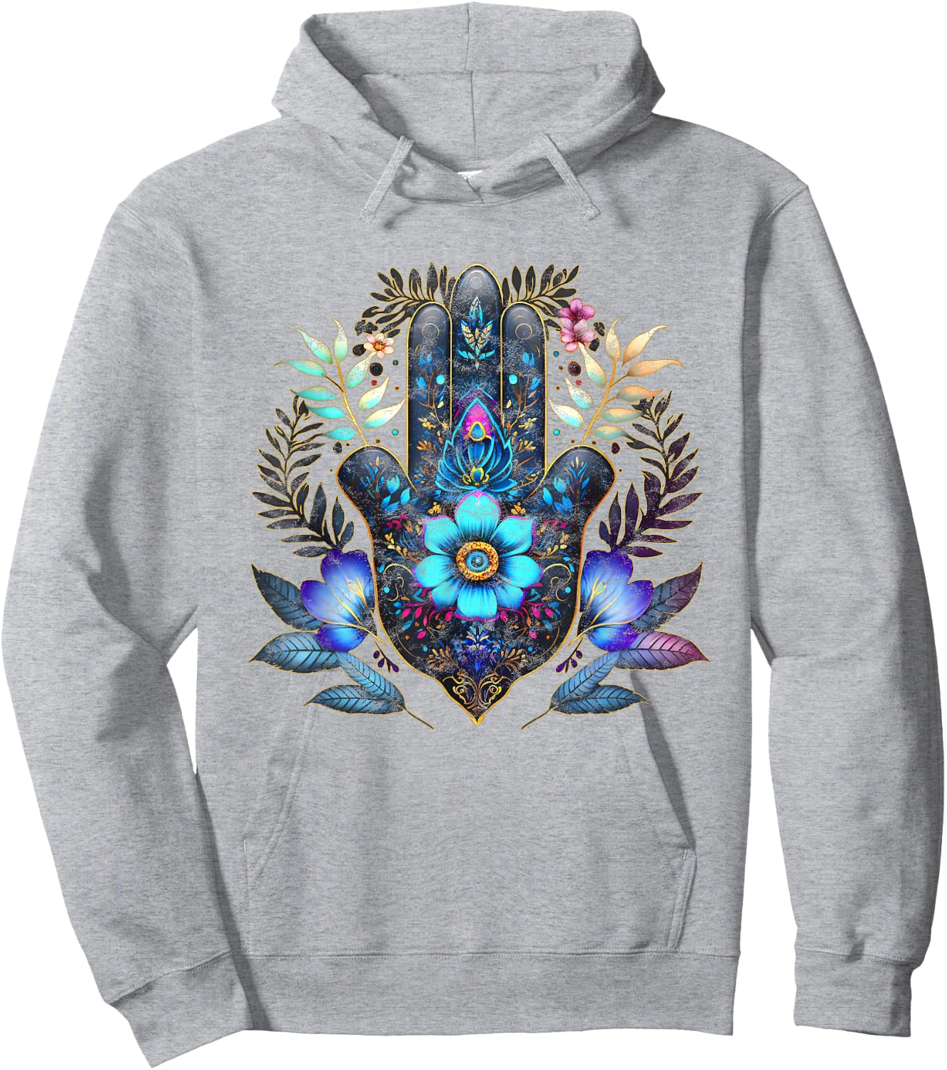 Hamsa, hand, blue, Nazar, flower, eye, charm, vintage, luck Hoodie - Hoodie | Ash