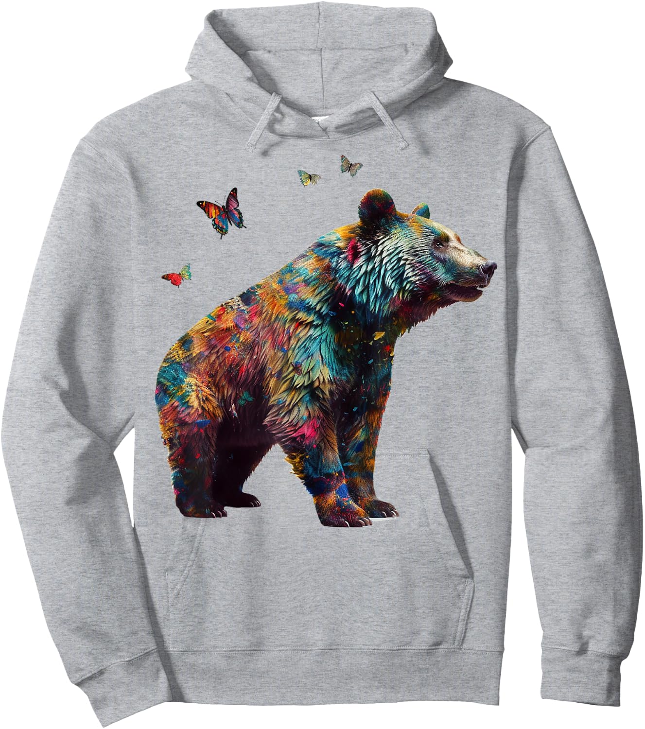 Bear Butterfly Artwork |Colorful Animal Motif Bear Hoodie - Hoodie | Ash
