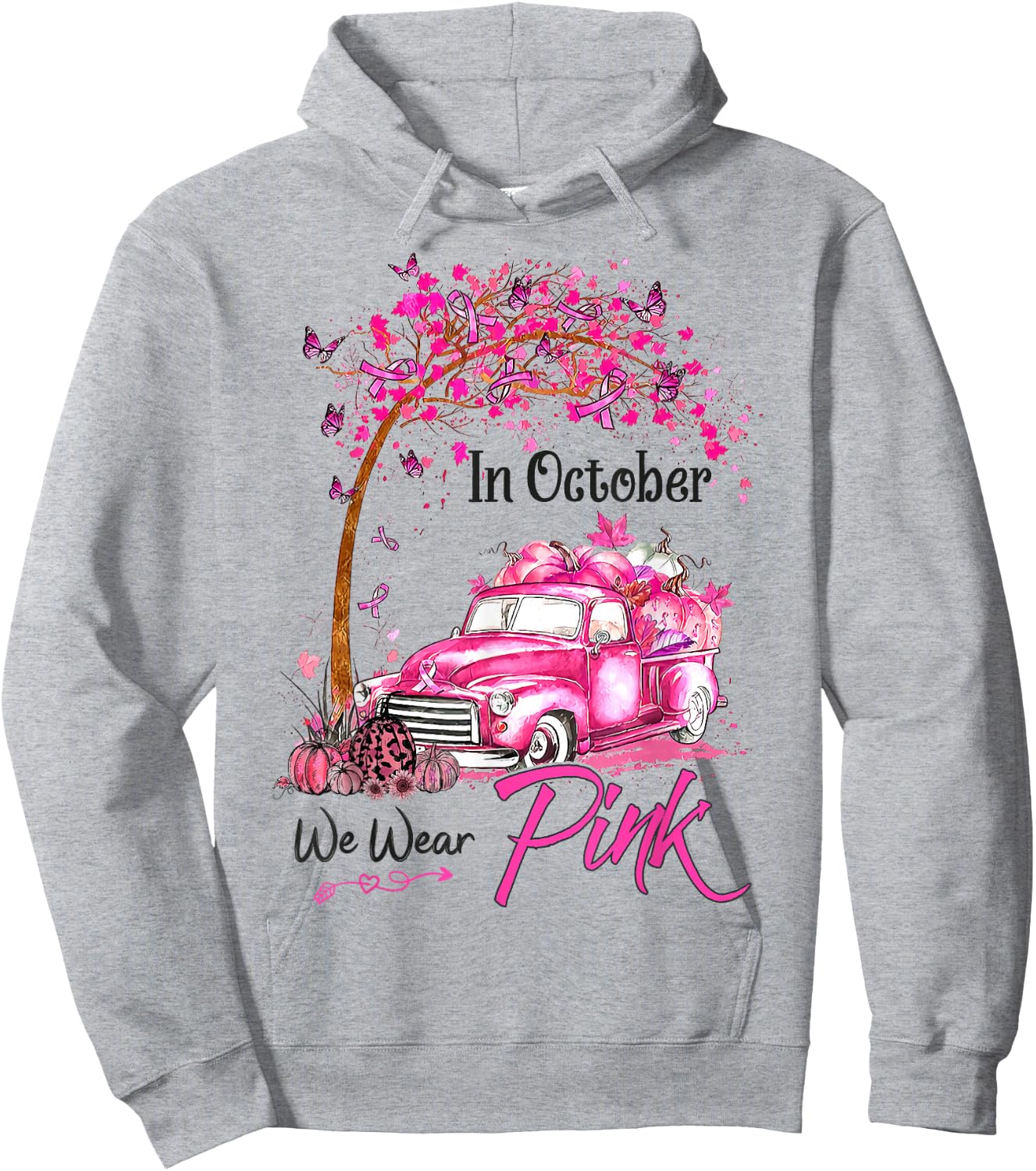 In October We Wear Pink Car Pumpkin Breast Cancer Halloween Hoodie - Hoodie | Ash