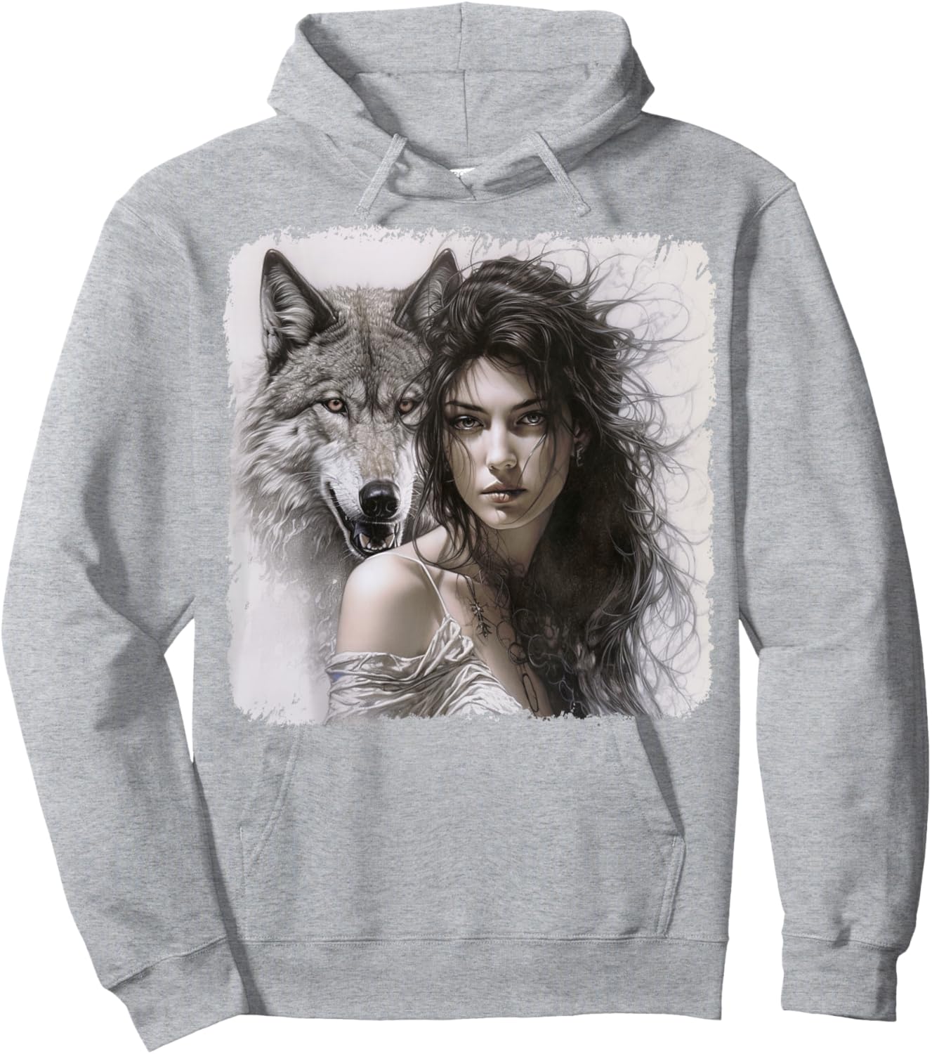 Woman with Gray Wolf Fantasy Art Painting Hoodie - Hoodie | Ash