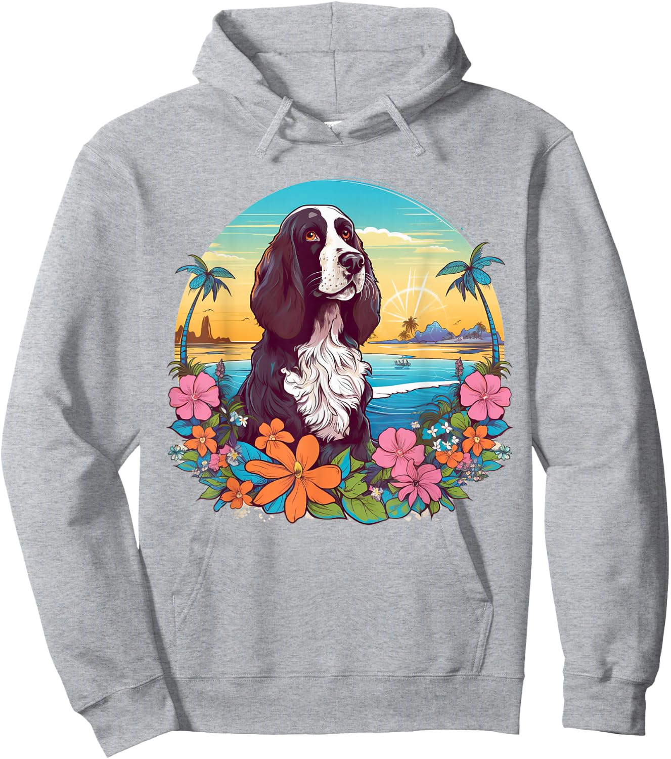 Floral Beach Vacation English Springer Spaniel Dog Hoodie - Hoodie | Ash