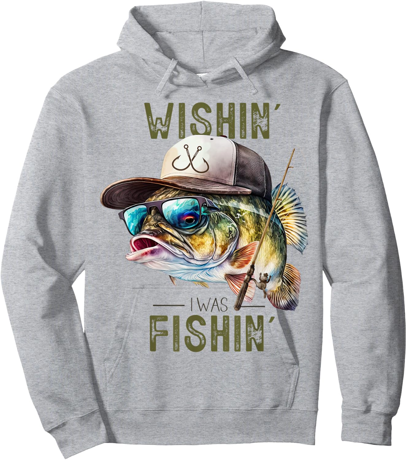 Wishing I was Fishing Large Mouth Bass Funny Fisherman Fish Hoodie - Hoodie | Ash
