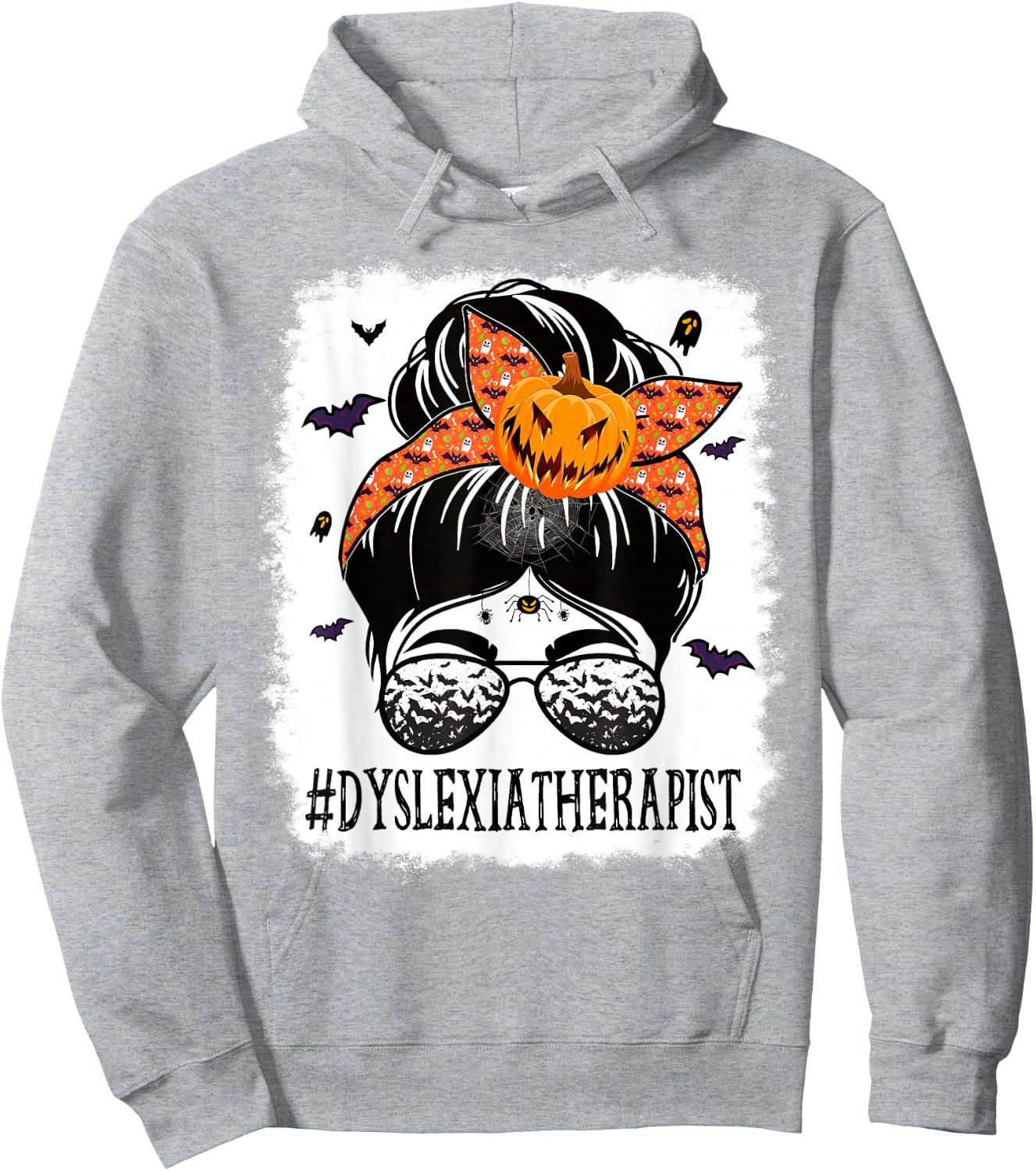 Dyslexia Therapist Messy Bun Spooky Pumpkin Orange Halloween Hoodie - Hoodie | Ash