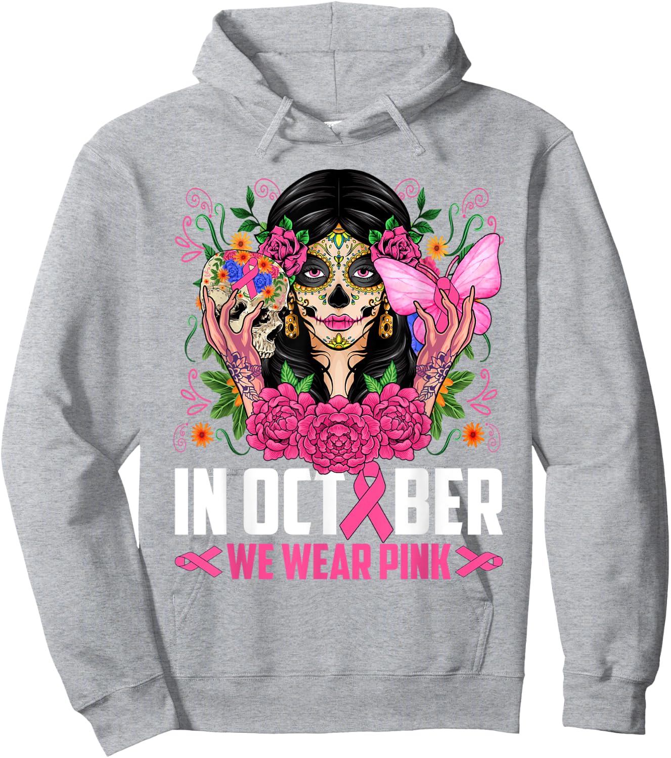 In October Wear Pink Sugar Skull Breast Cancer Halloween Day Hoodie - Hoodie | Ash