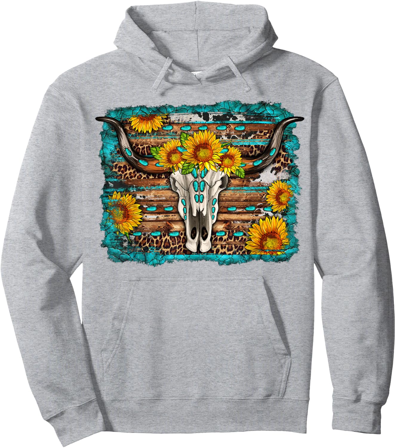 Longhorn Bull Skull Sunflower Turquoise Western Country Hoodie - Hoodie | Ash