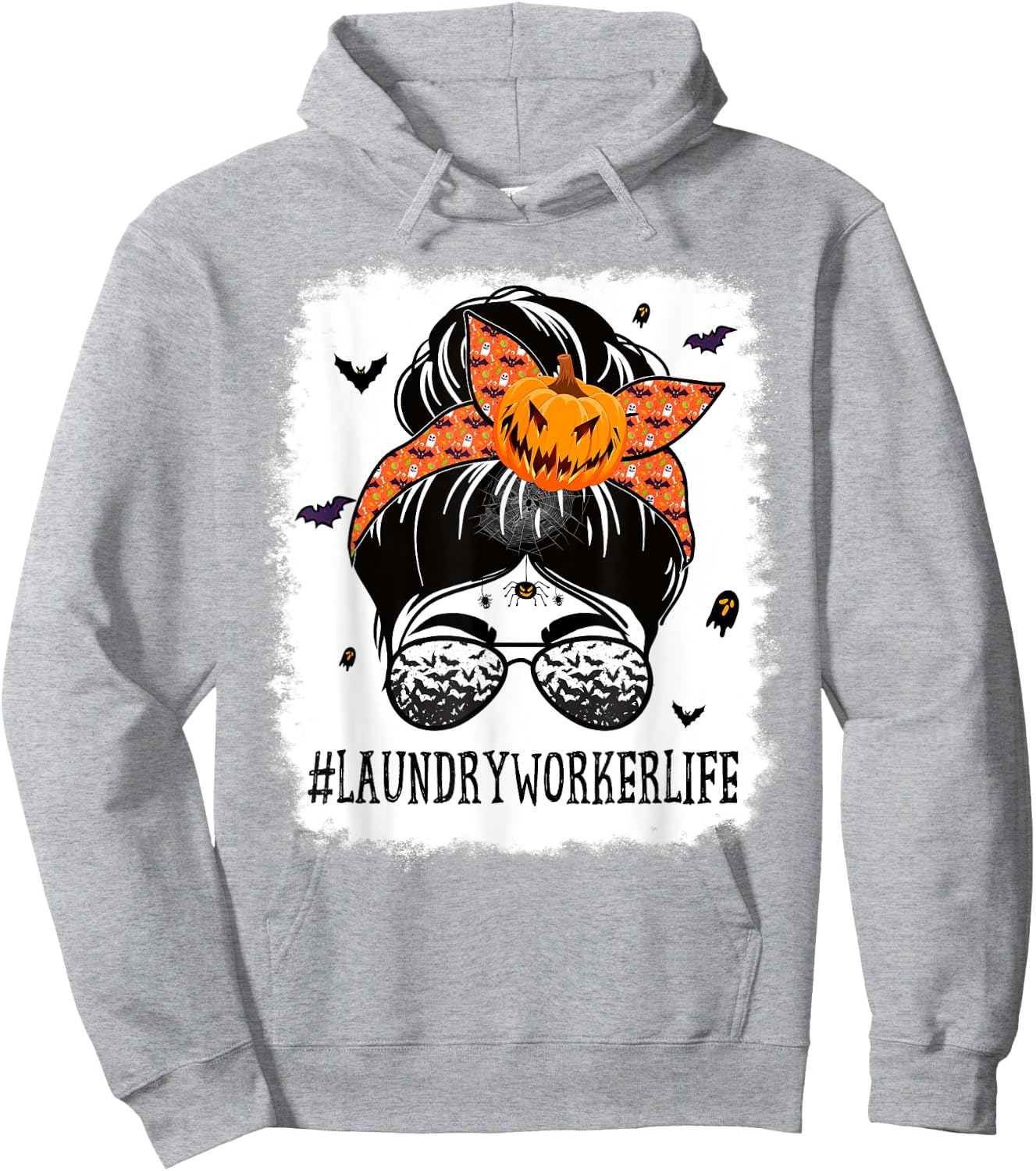Laundry Worker Messy Bun Spooky Pumpkin Halloween Costume Hoodie - Hoodie | Ash