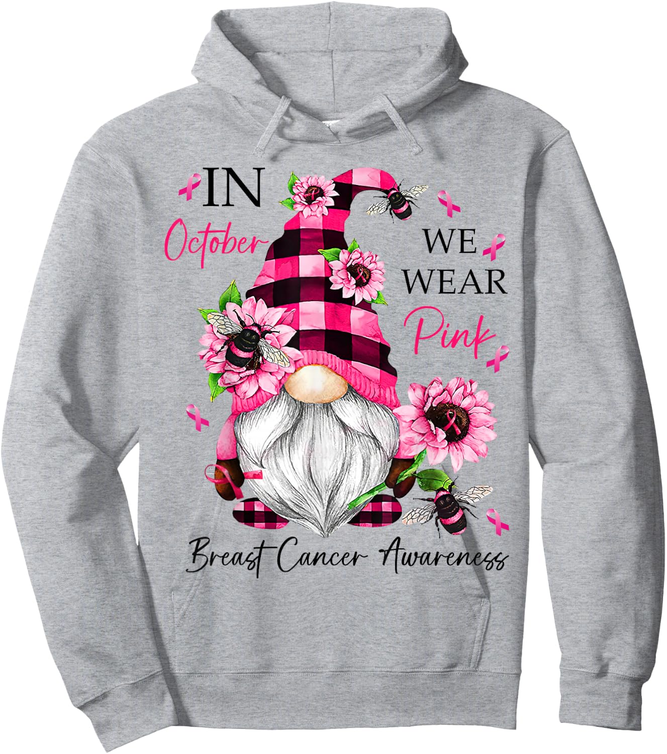 In October We Wear Pink Gnome Breast Cancer Awareness Hoodie - Hoodie | Ash