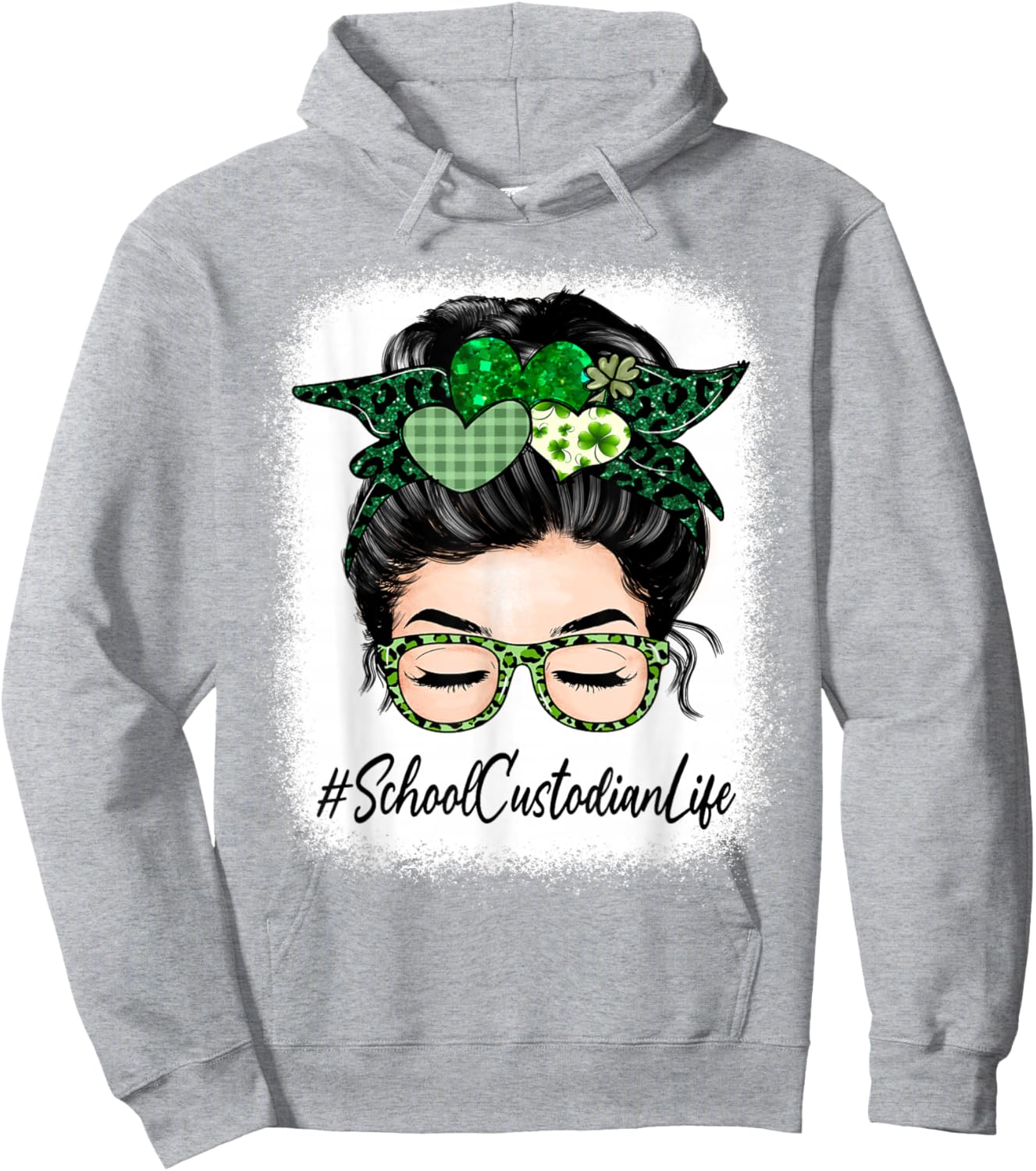 School Custodian Women Messy Bun St Patrick's Day Shamrock Hoodie - Hoodie | Ash