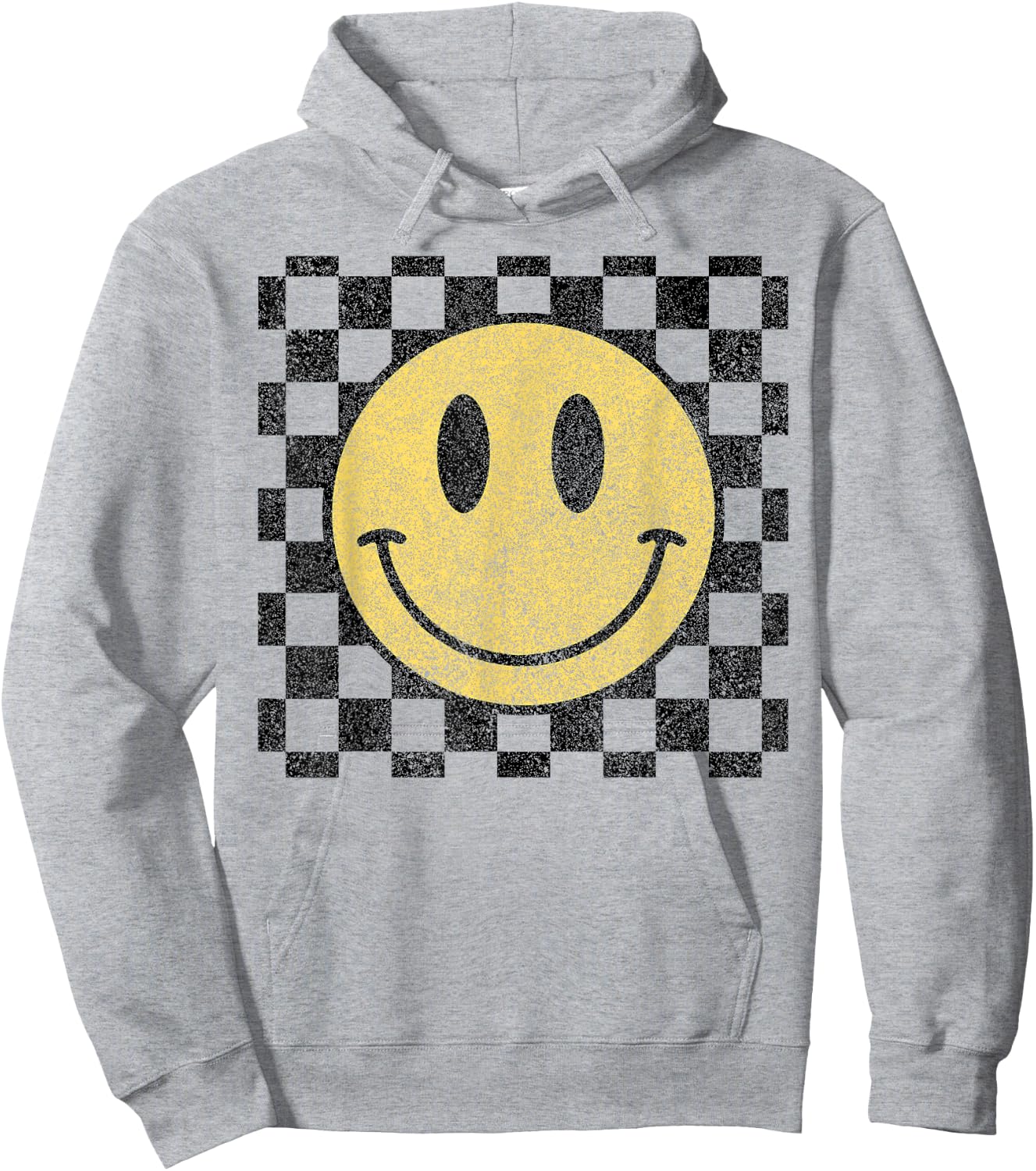 Retro Happy Face Checkered Pattern Smile Face Trendy Hoodie - Hoodie | Ash
