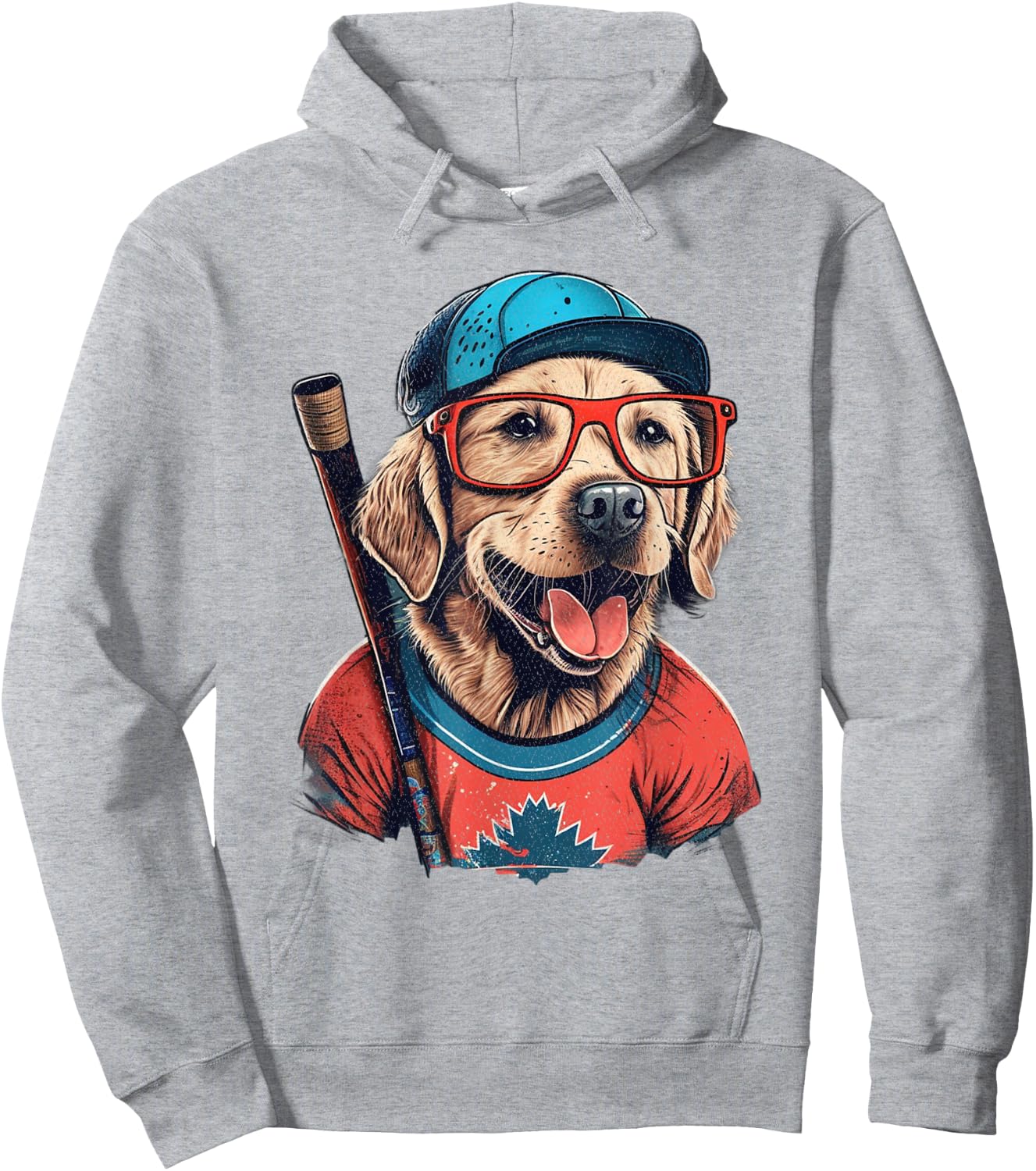 Vintage Retro Dog Playing Hockey, Hockey Stick, Puppy Lover Hoodie - Hoodie | Ash