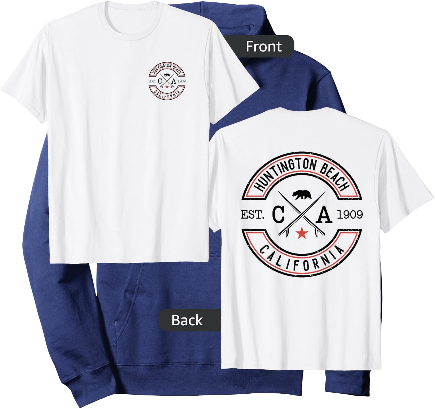 Huntington Beach California CA Retro Surfer Front & Back Hoodie - Hoodie | Navy