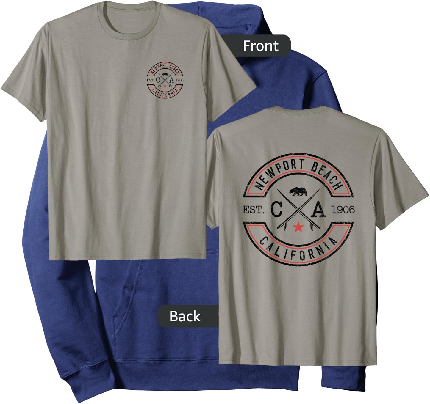 Newport Beach California CA Retro Surfer Front & Back Print Hoodie - Hoodie | Navy