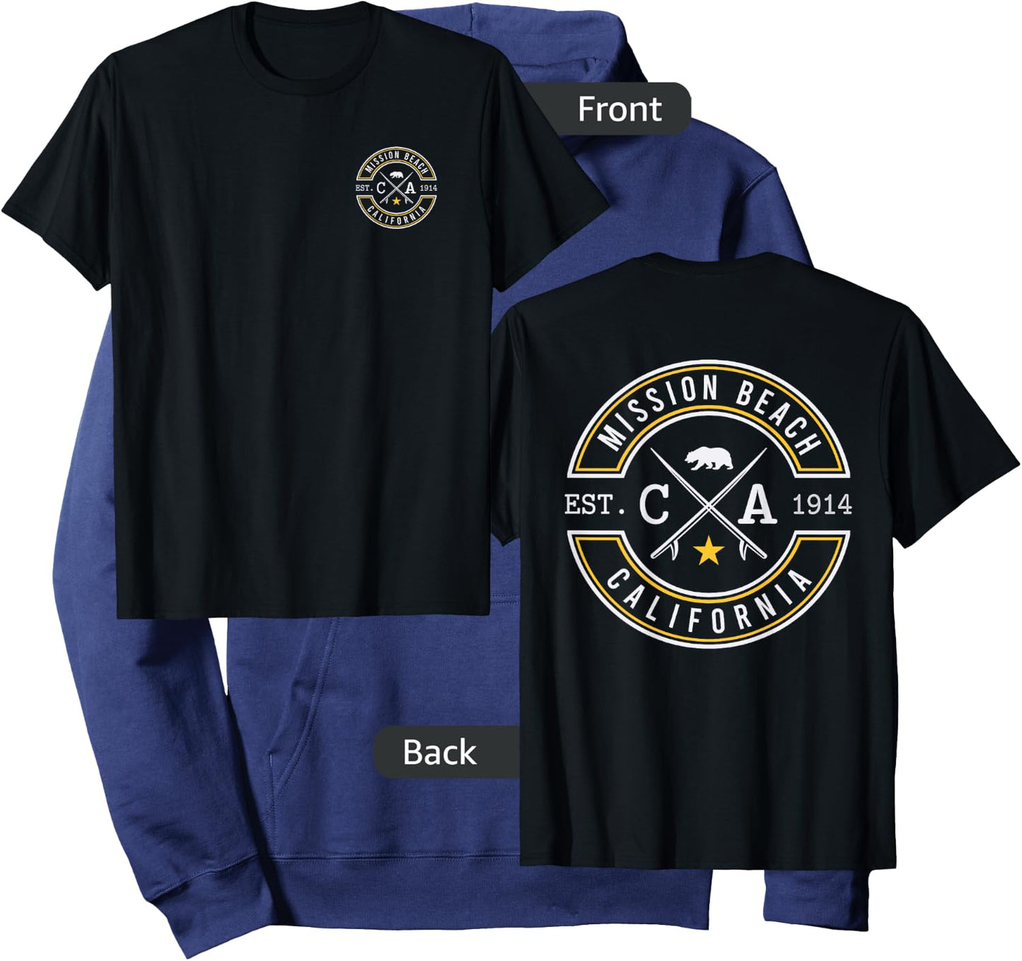 Mission Beach California CA Retro Surfer Beach Front & Back Men Women Hoodie - Hoodie | Navy