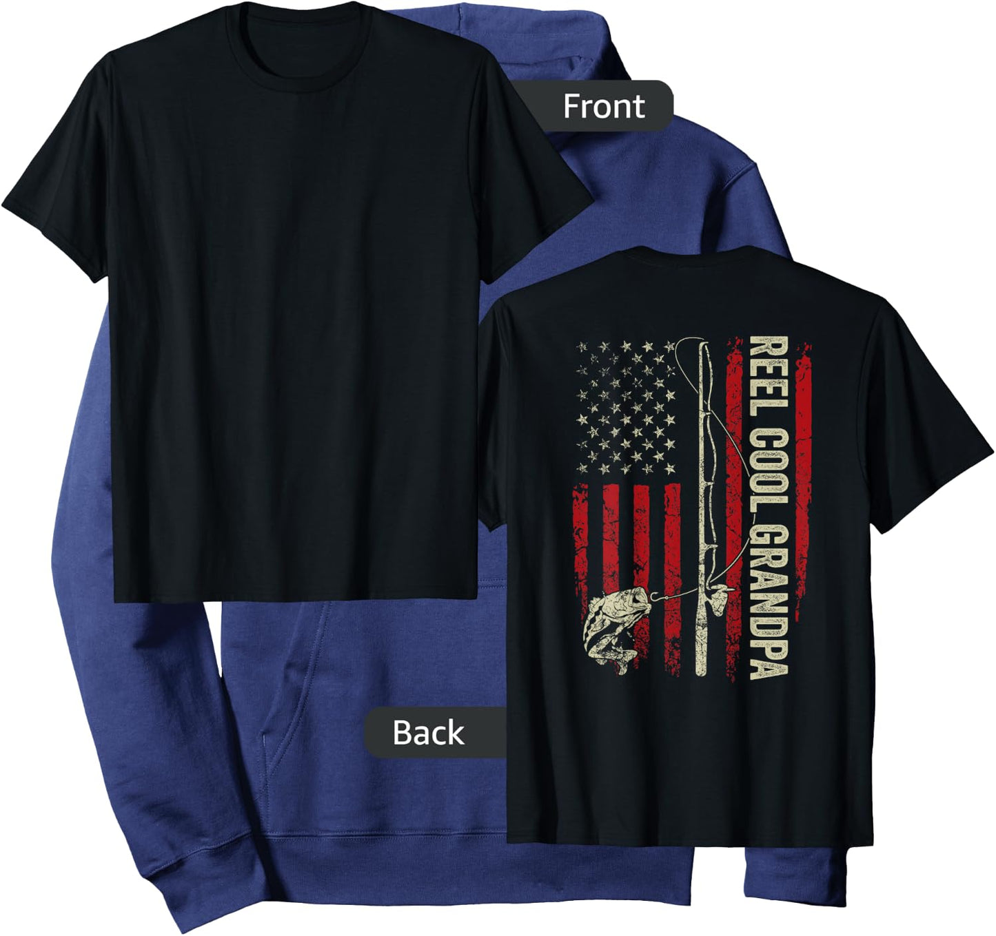 Reel Cool Grandpa Fishing American Flag Patriotic (On Back) Hoodie - Hoodie | Navy