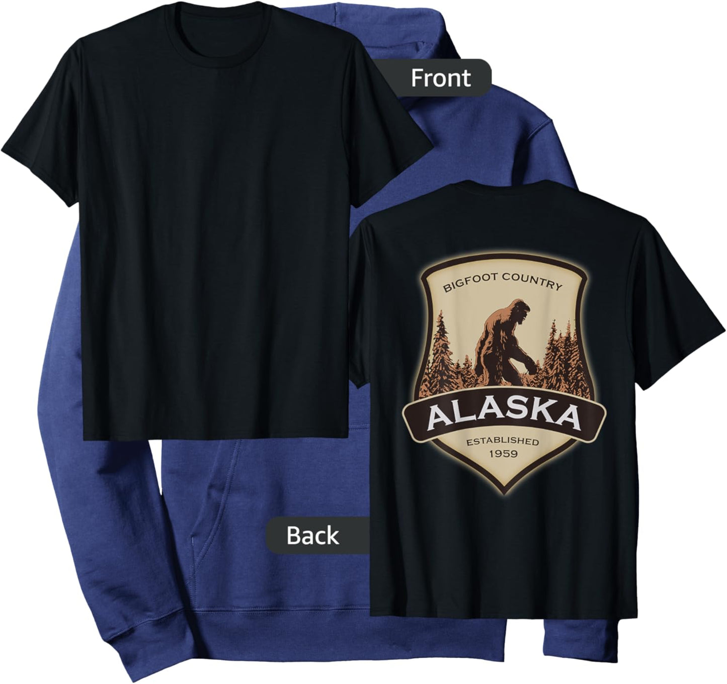 Printed On Back - Alaska with a Bigfoot or Sasquatch Hoodie - Hoodie | Navy