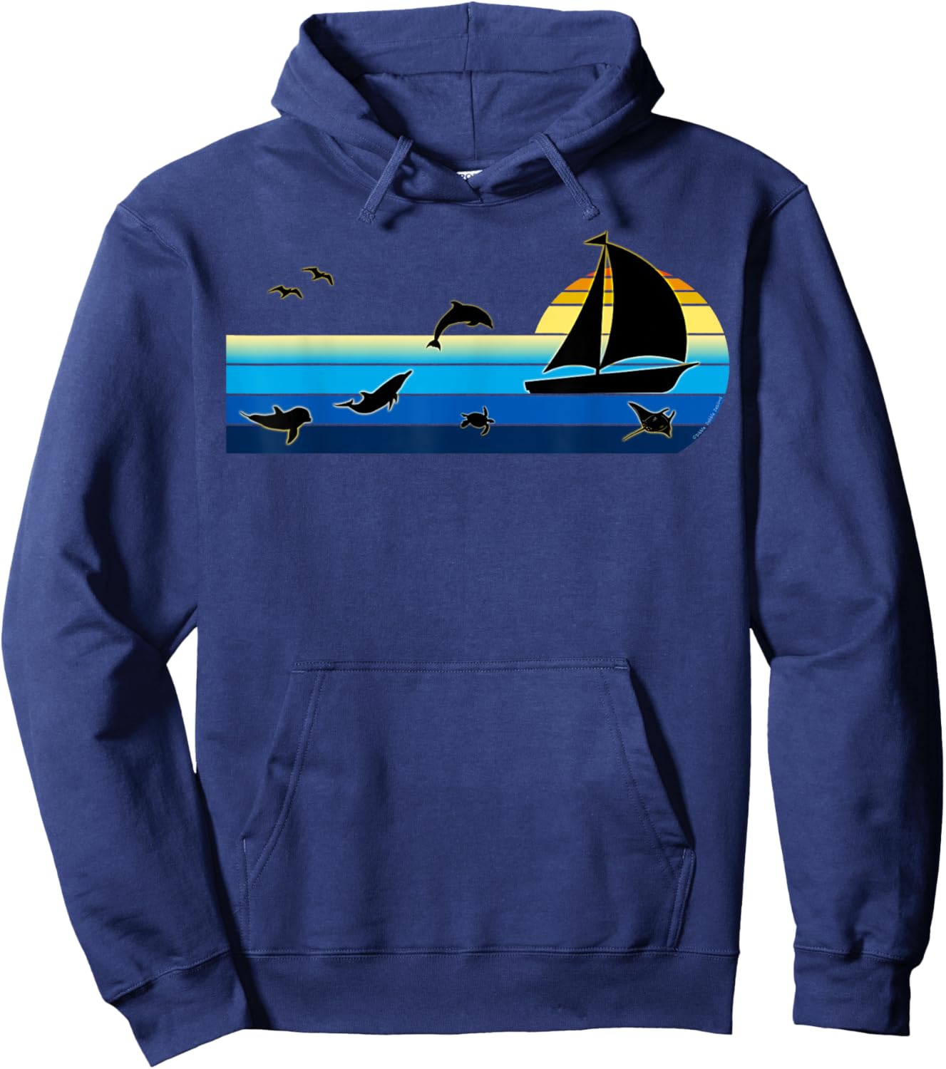 Nautical Sunrise Sailboat with Dolphins Beach Summer Sailing Women Kids Hoodie - Hoodie | Navy